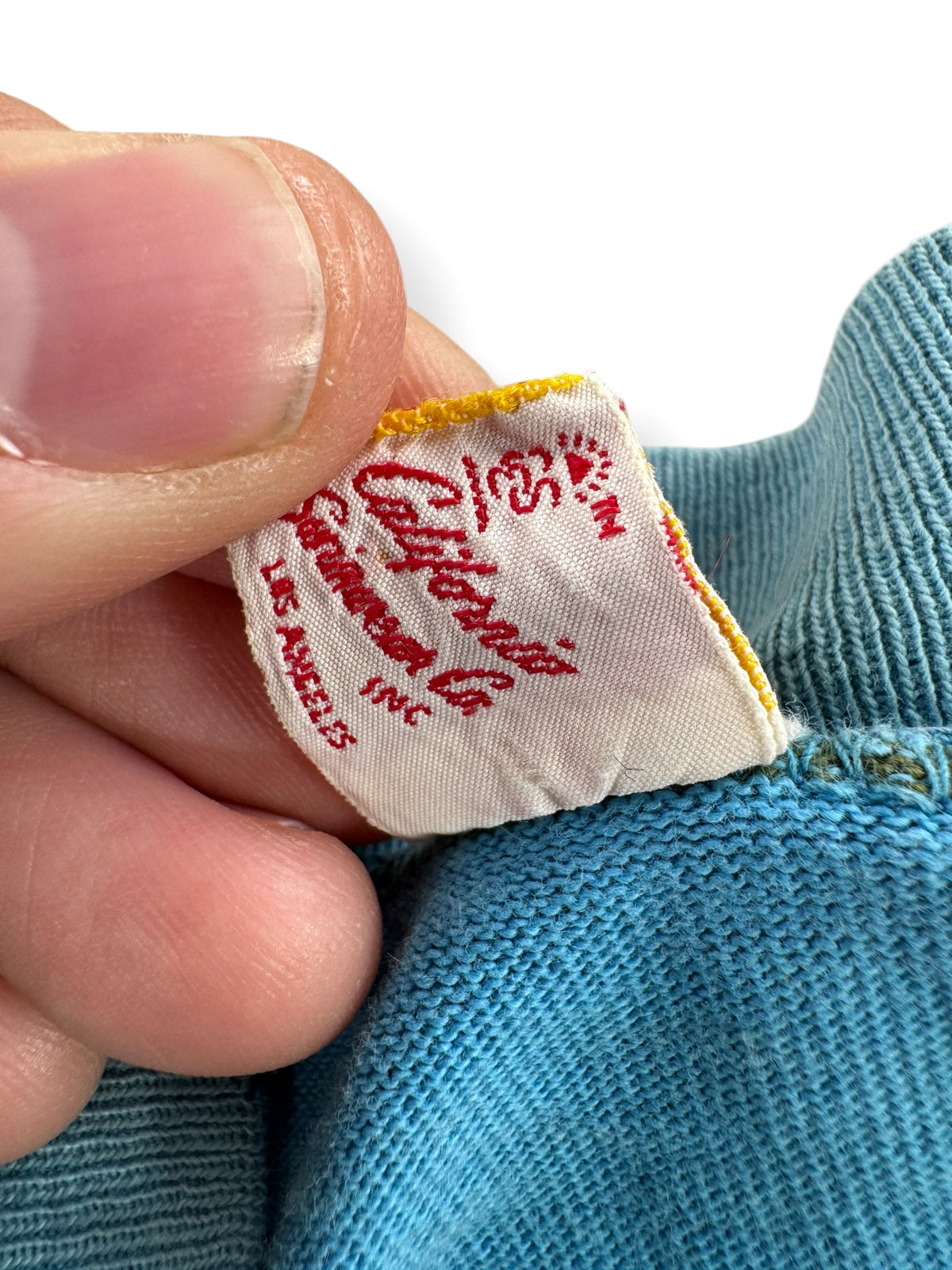 Back of tag on Vintage 60s/70s Turtle King Baby Blue Striped Pocket Tee SZ M