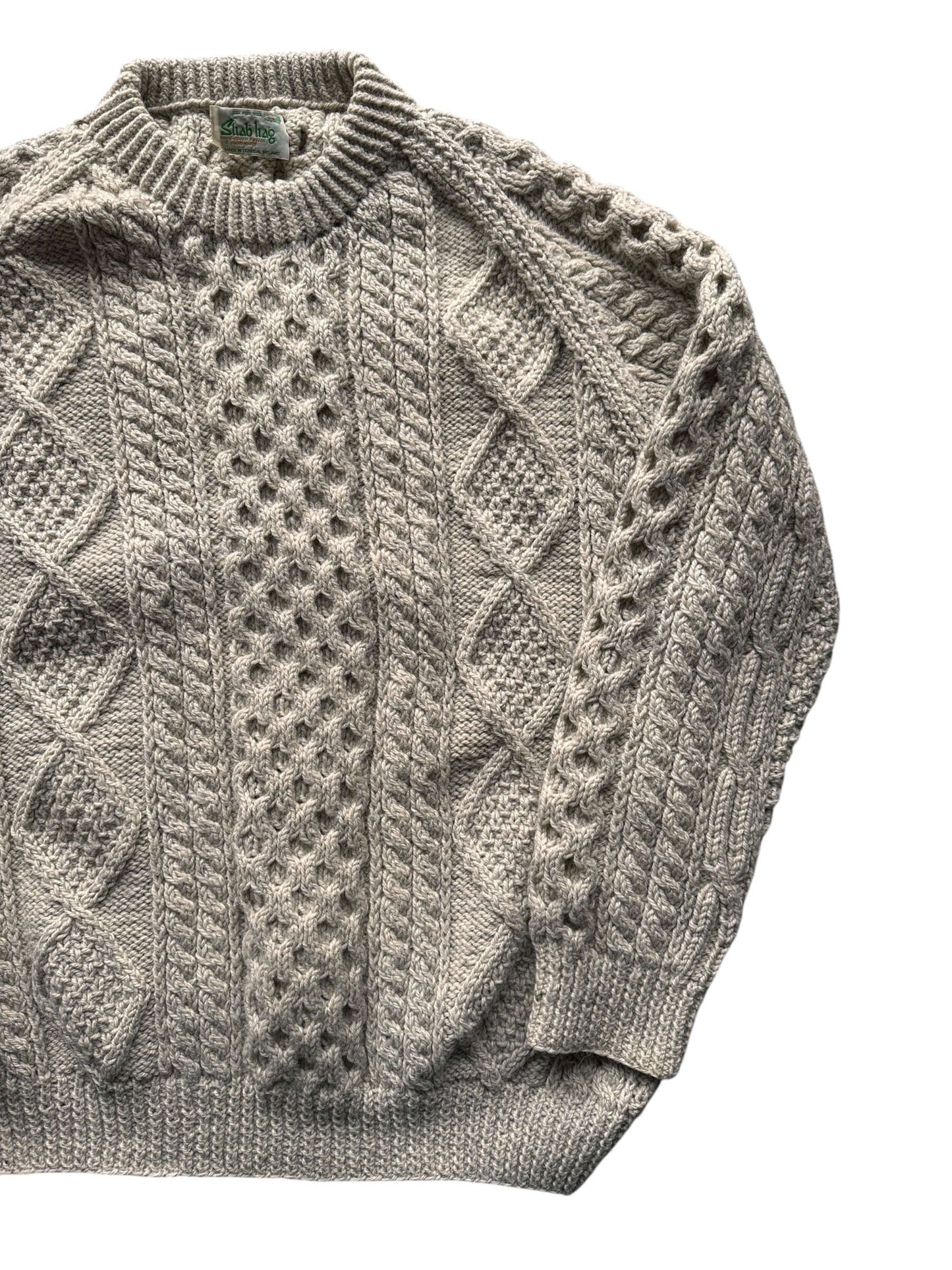 Front Left of Vintage Sliab Liag grey Irish cable knit fisherman's sweater SZ XL