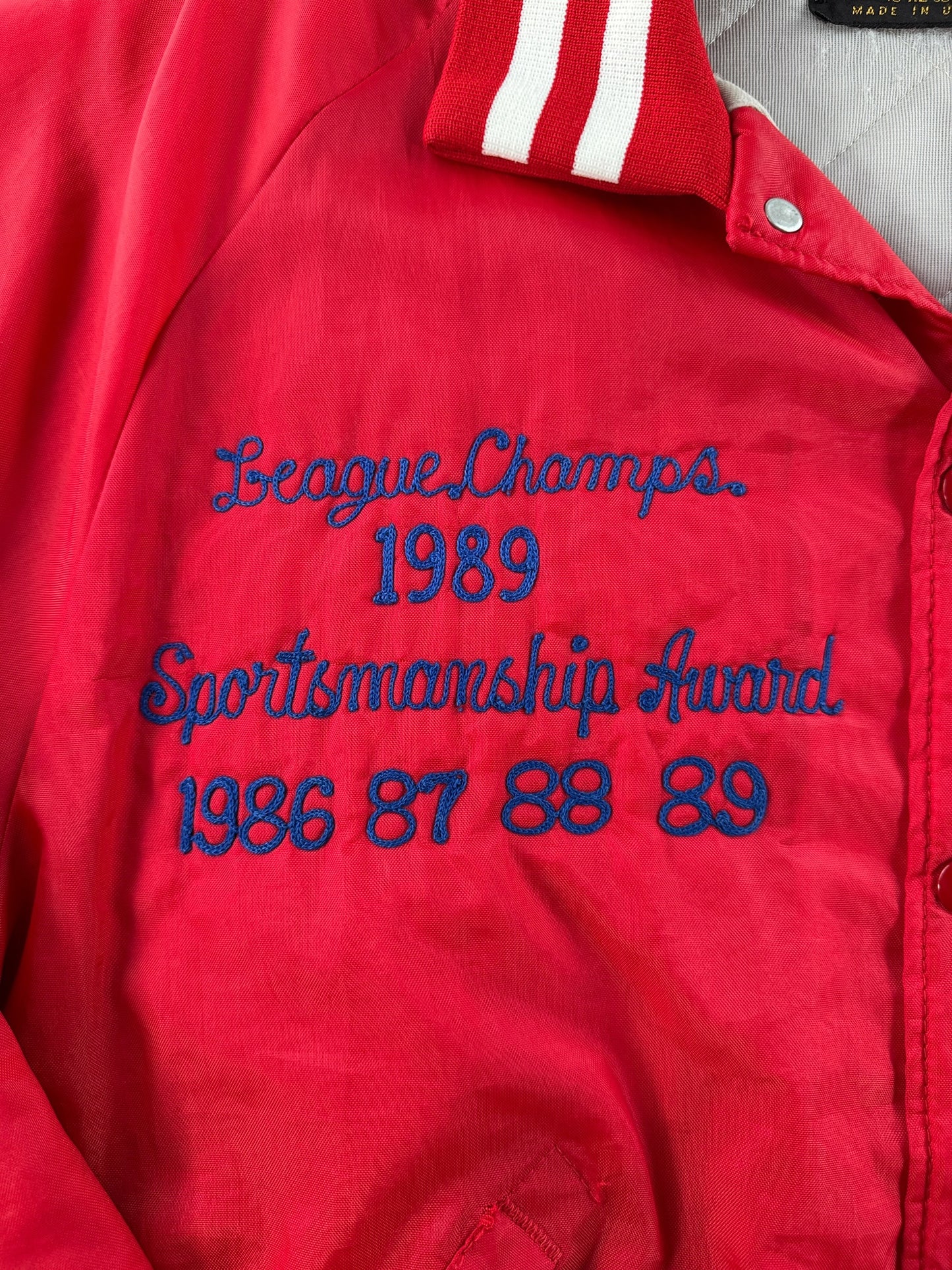 Embroidery on the front of Vintage Ballard Oil Vikings Chain Stitch Coaches Jacket SZ XL