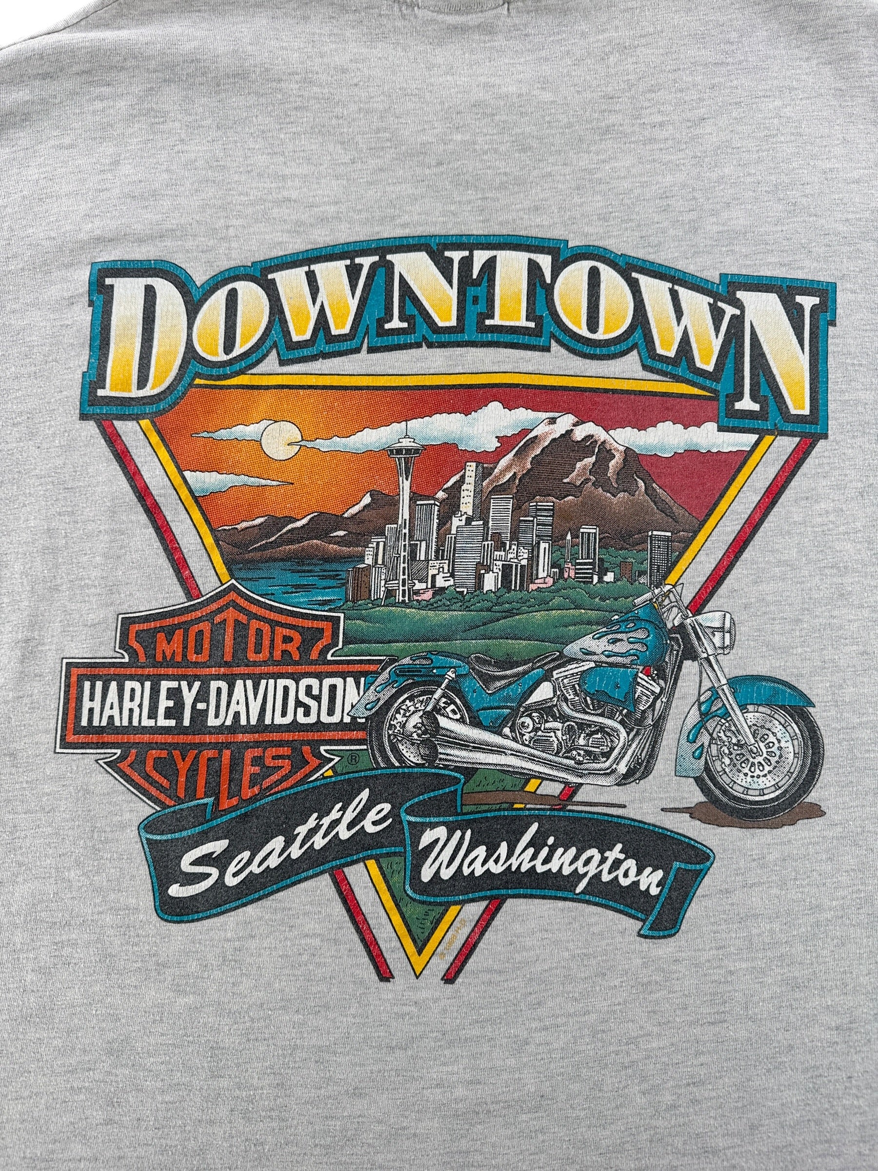 Back Graphic of Vintage Downtown Seattle Harley Davidson Tee SZ XL