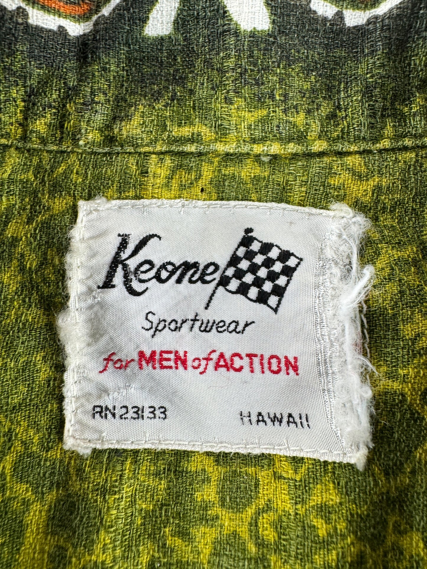 Label on Vintage Keone Sportswear Astrological Barkcloth Aloha Shirt SZ M