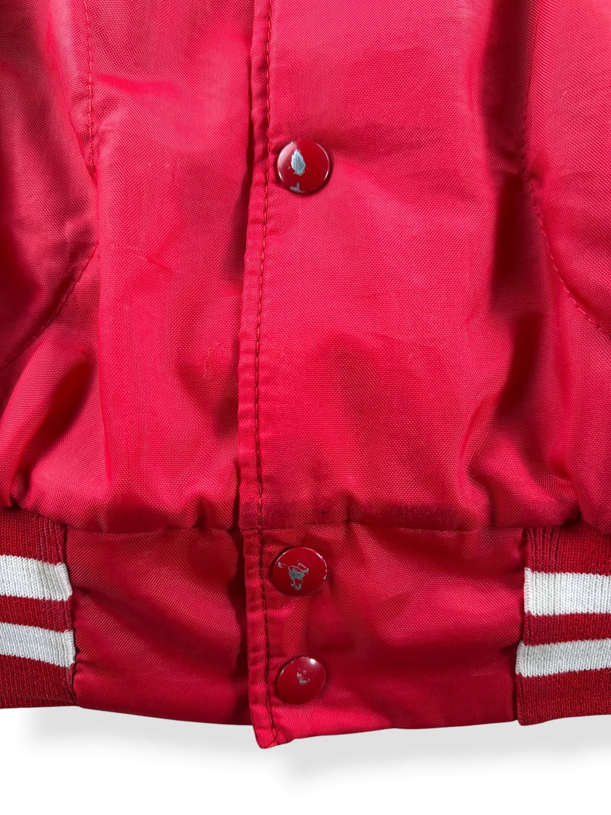 Ware on snap buttons of Vintage Ballard Oil Vikings Chain Stitch Coaches Jacket SZ XL