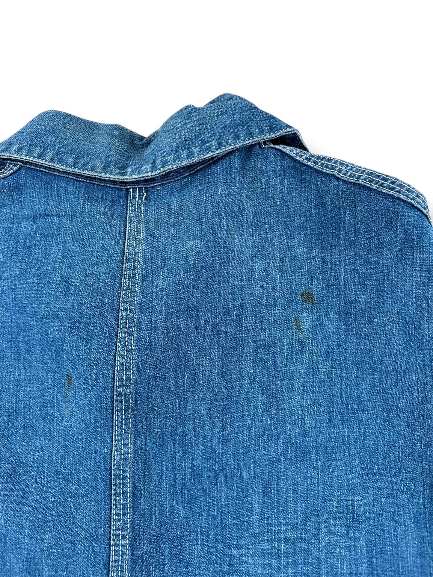Stains on Vintage Hand Repaired Sanforized Denim Chore Coat SZ L