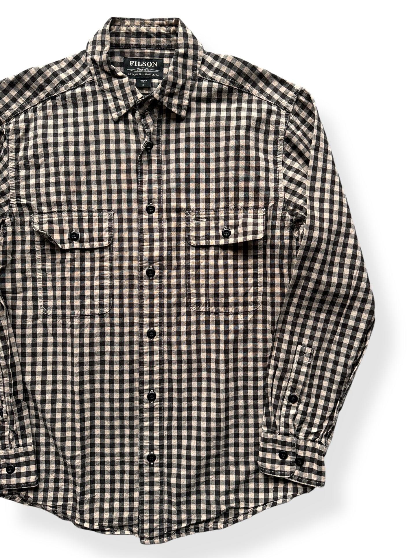 Front Left of Filson Black Tan Gingham Shirt SZ S