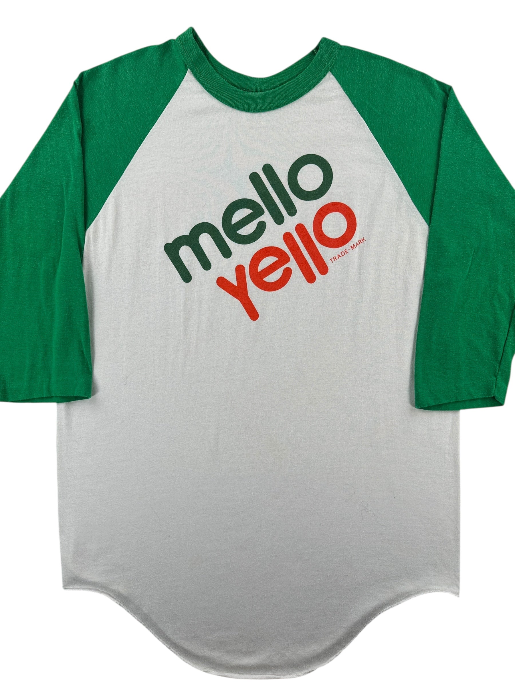 Front Close Up of Vintage Mello Yello Raglan Tee SZ L