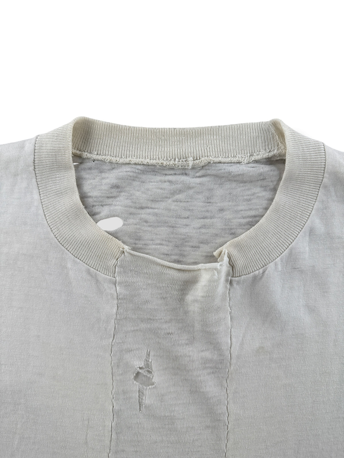 Collar on Vintage Heavily Repaired Blank White Tee SZ M