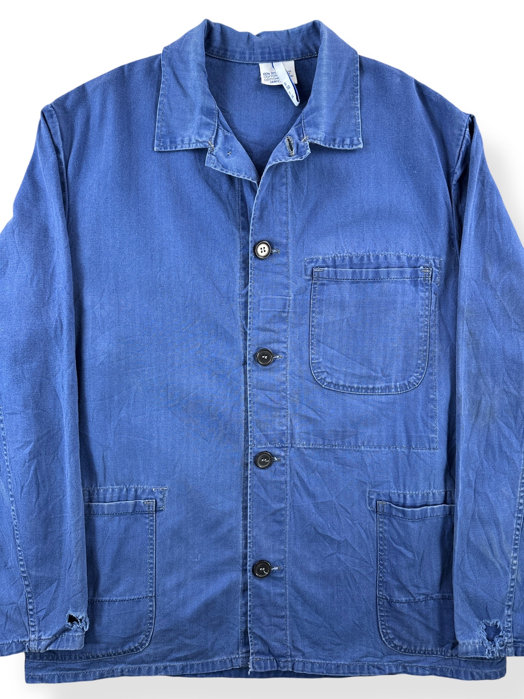 Front Close Up of Vintage HBT Faded Sanfor French Chore Coat SZ L