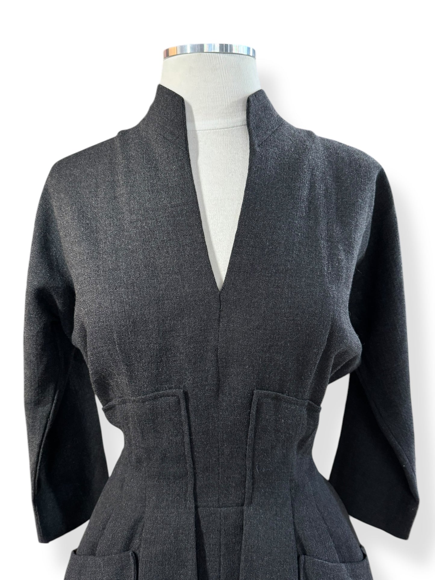 Front view of 1940s Handmade Wool Peplum Dress S-M