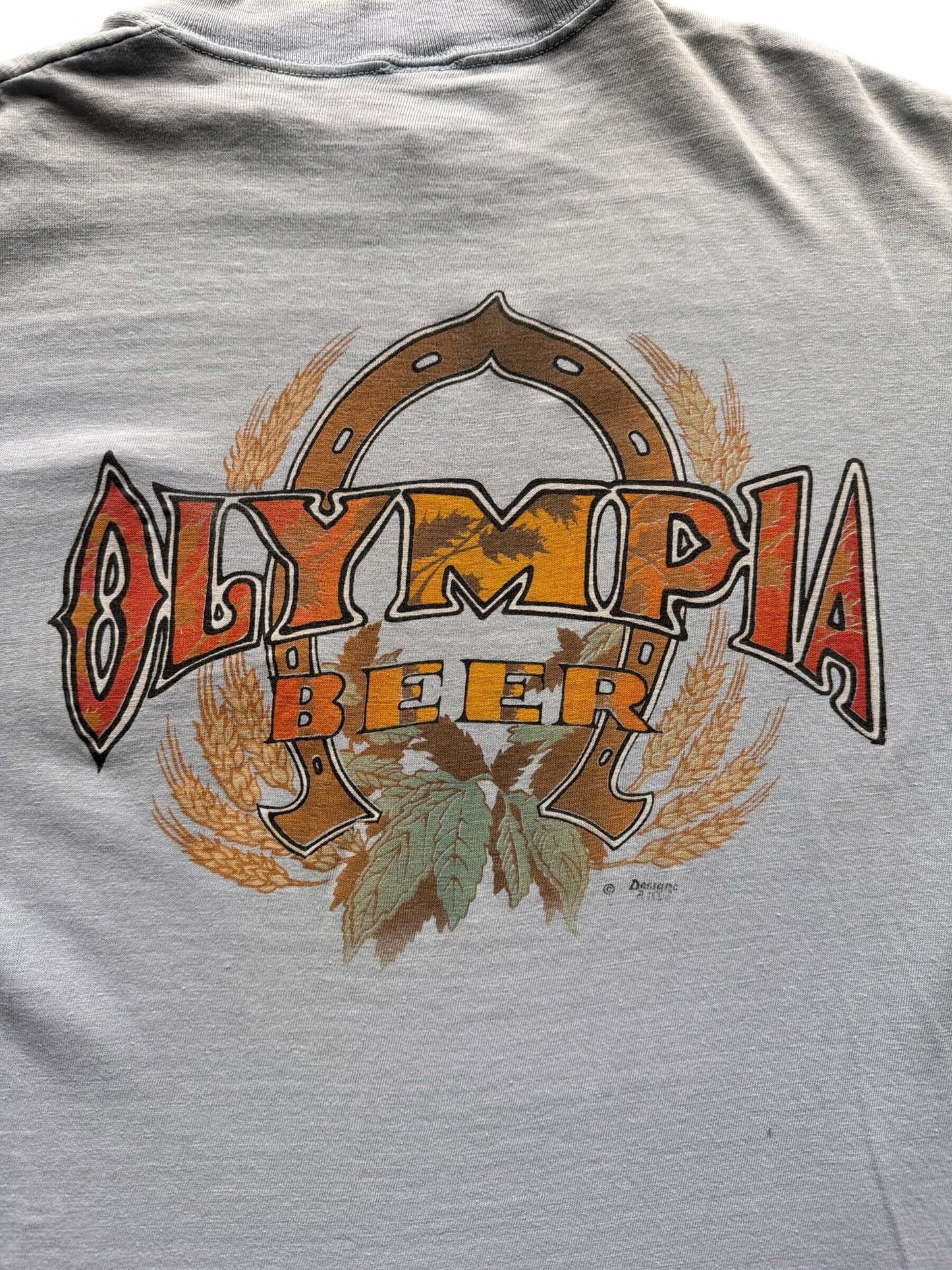 back close up of Vintage Olympia Beer Two-Sided Pocket Tee SZ L