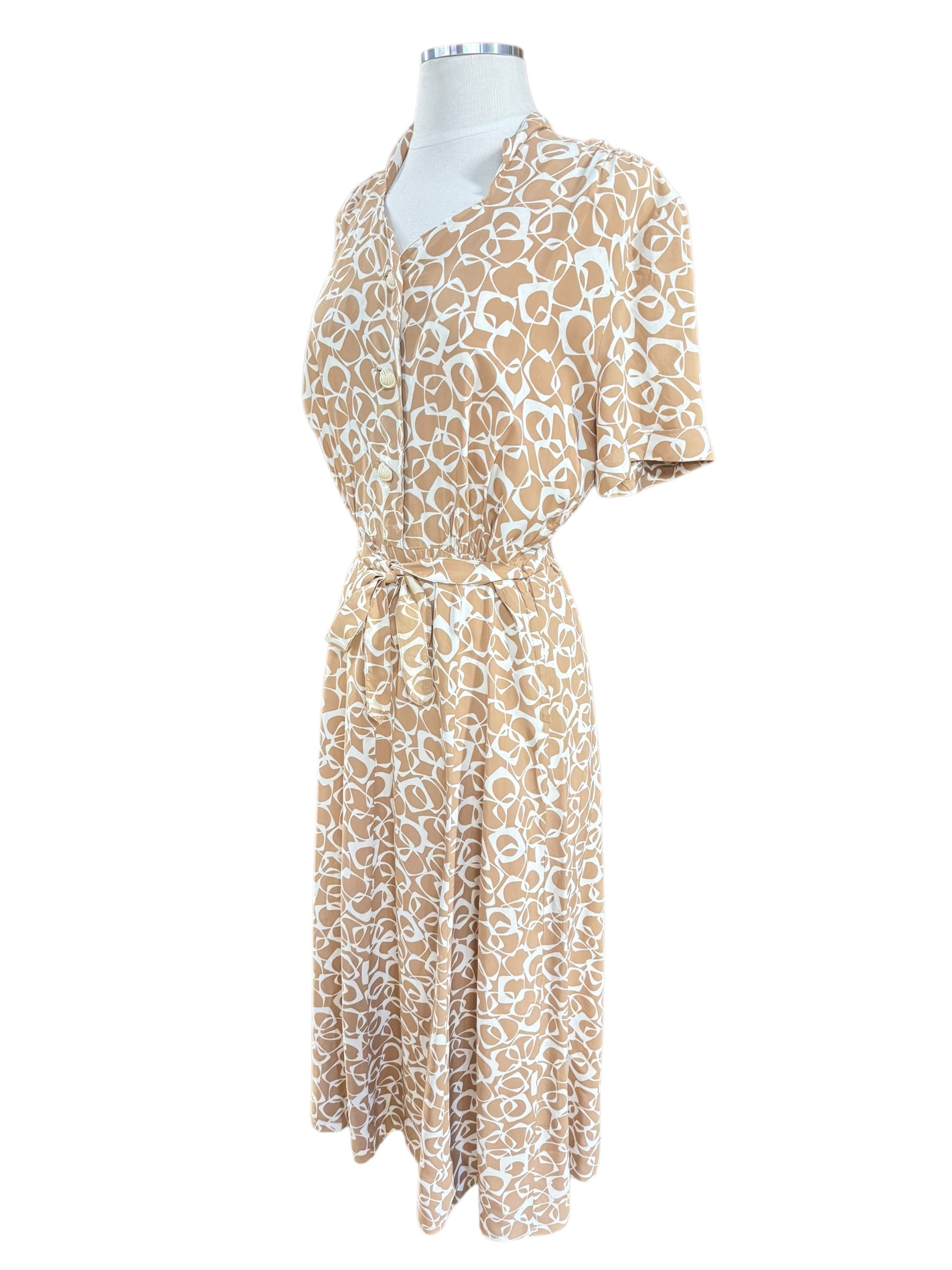 Side view of 1940s Beige Geometric Dress M