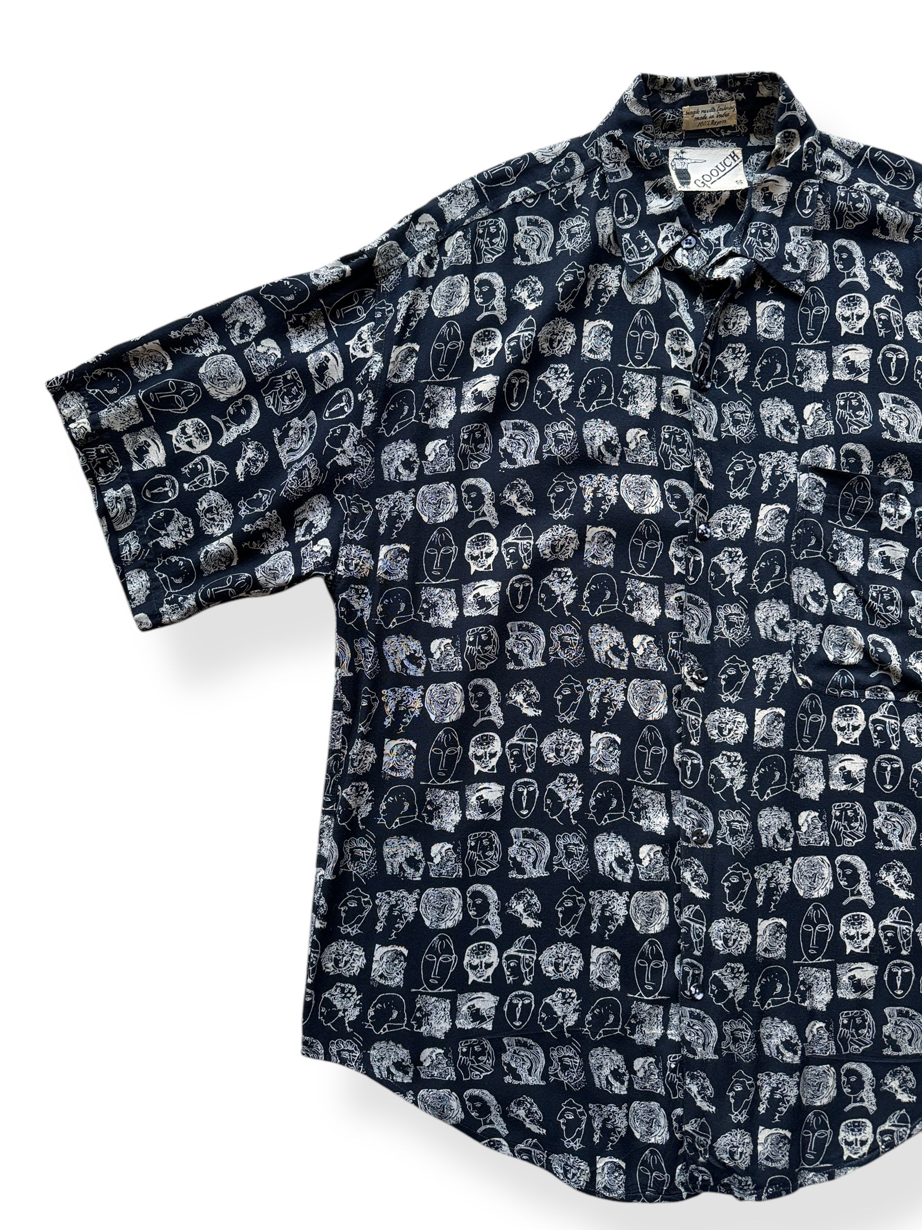 Front Right of Vintage Goouch Rayon Patterned Short Sleeve Shirt SZ S