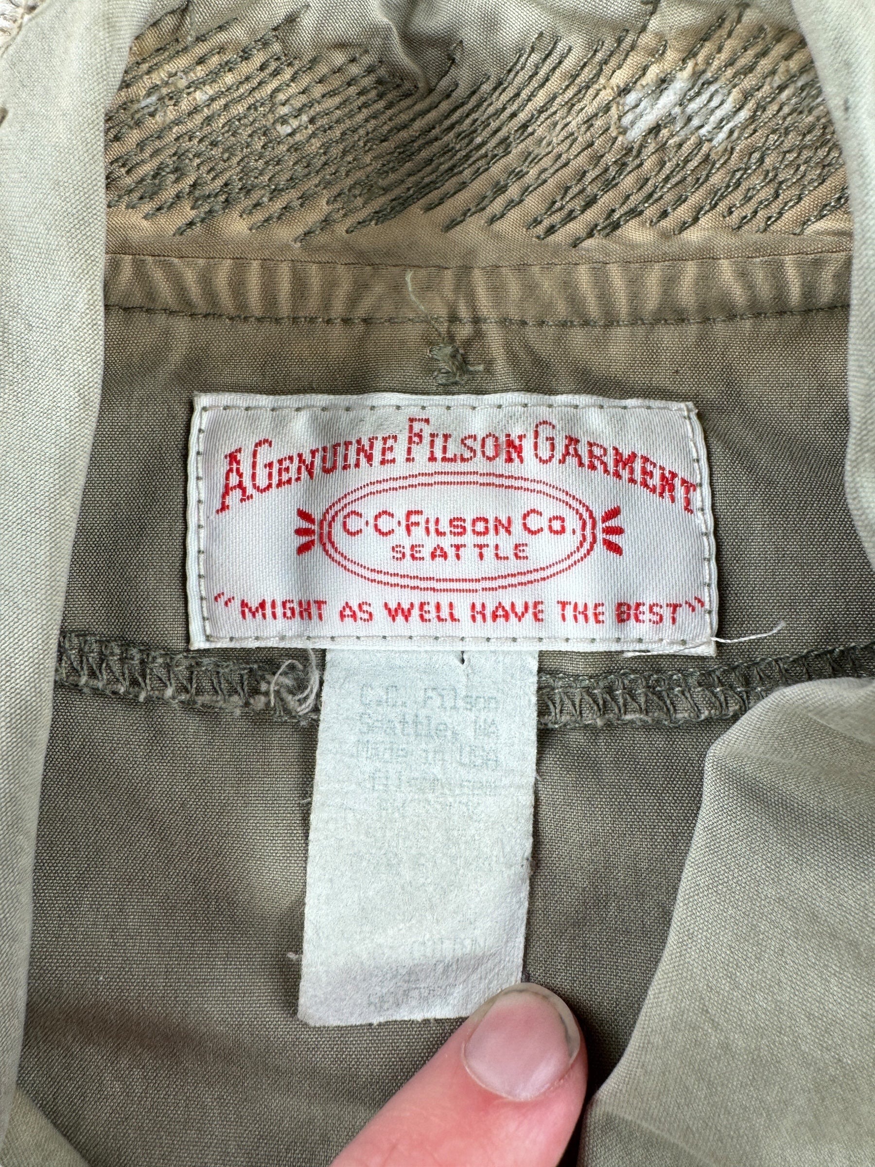 Tag on Vintage 90s Era Filson Fishing Vest SZ L AS IS