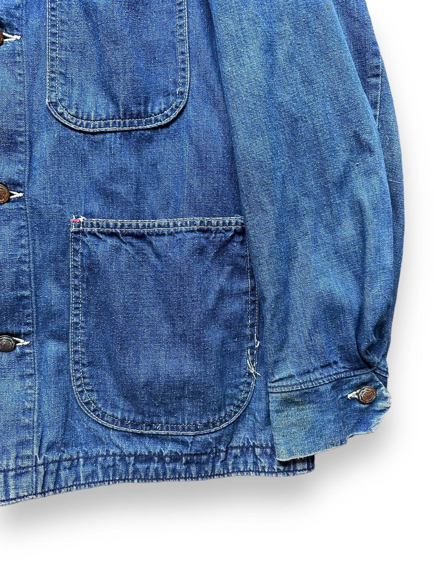 Lower Left Cuff and Arm of Vintage Blue Bell Denim Chore Coat SZ SM | Vintage Denim Chore Coat