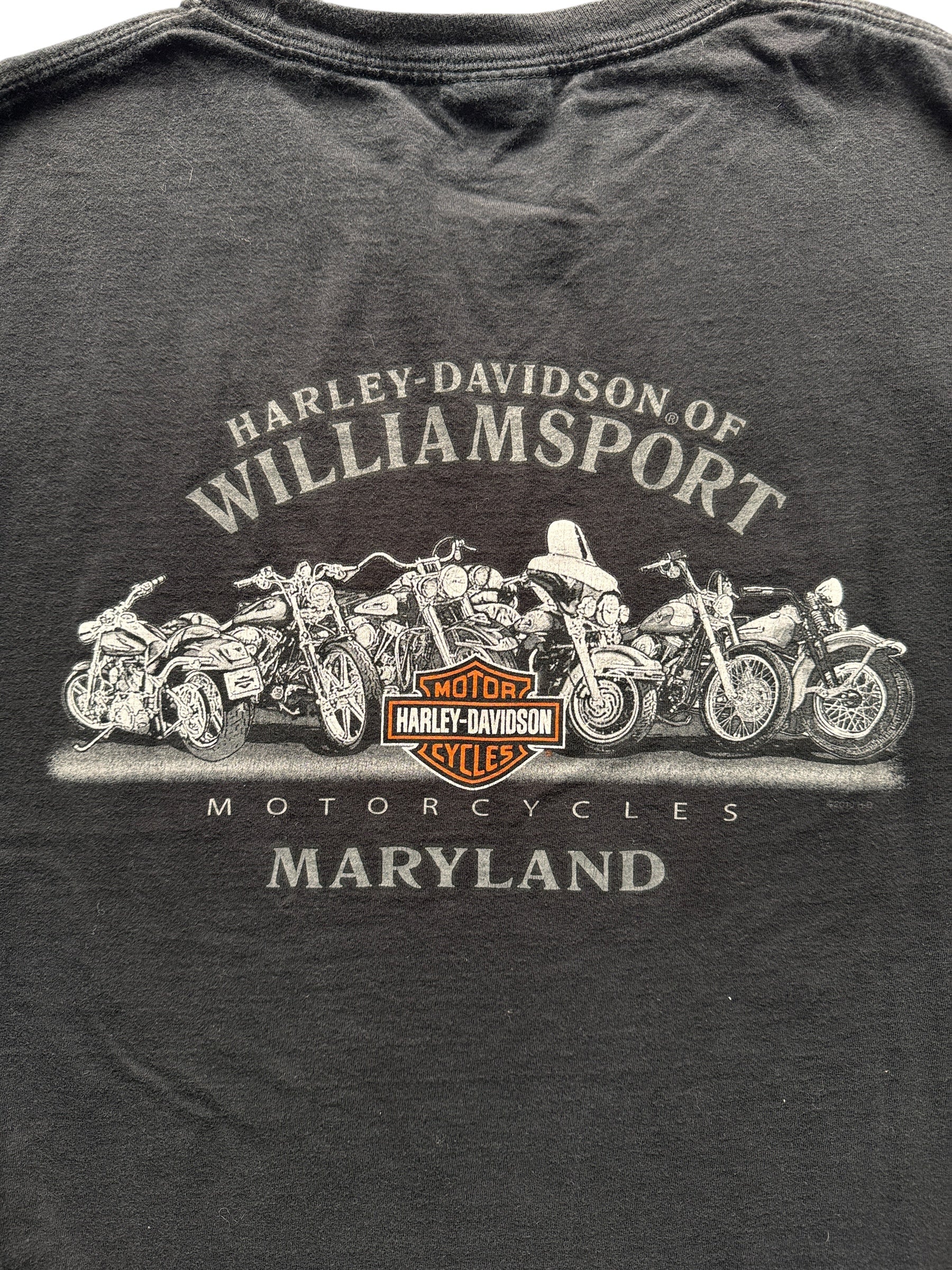 Back Graphic of Fat and Happy Williamsport Harley Davidson Motorcycle Tee SZ L