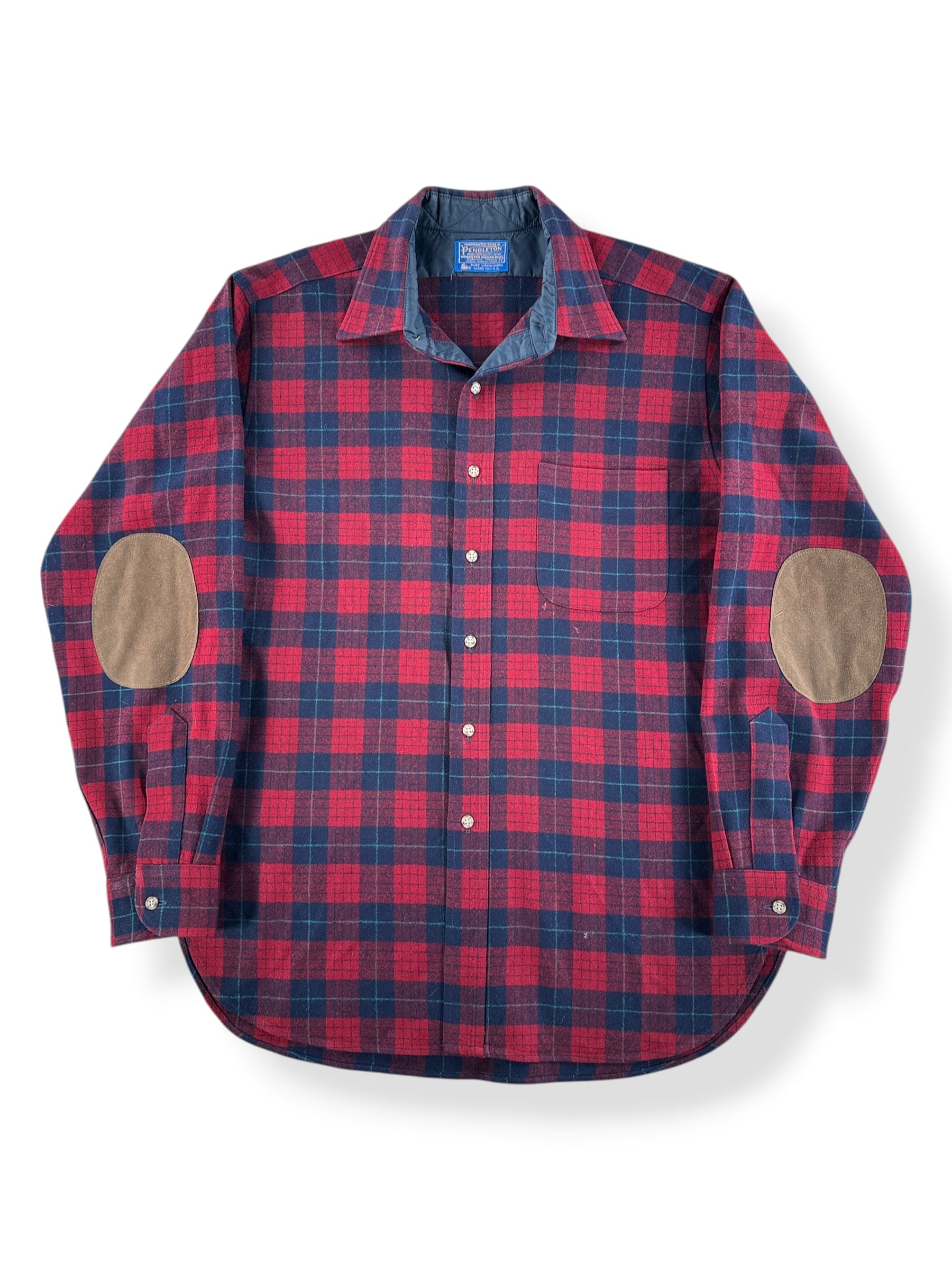 Front of Vintage Red & Navy Pendleton Flannel W/ Elbow Patches SZ L