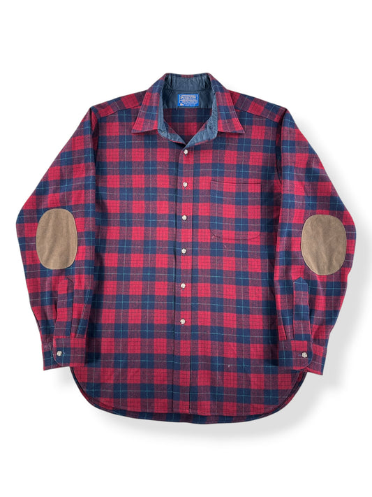 Front of Vintage Red & Navy Pendleton Flannel W/ Elbow Patches SZ L
