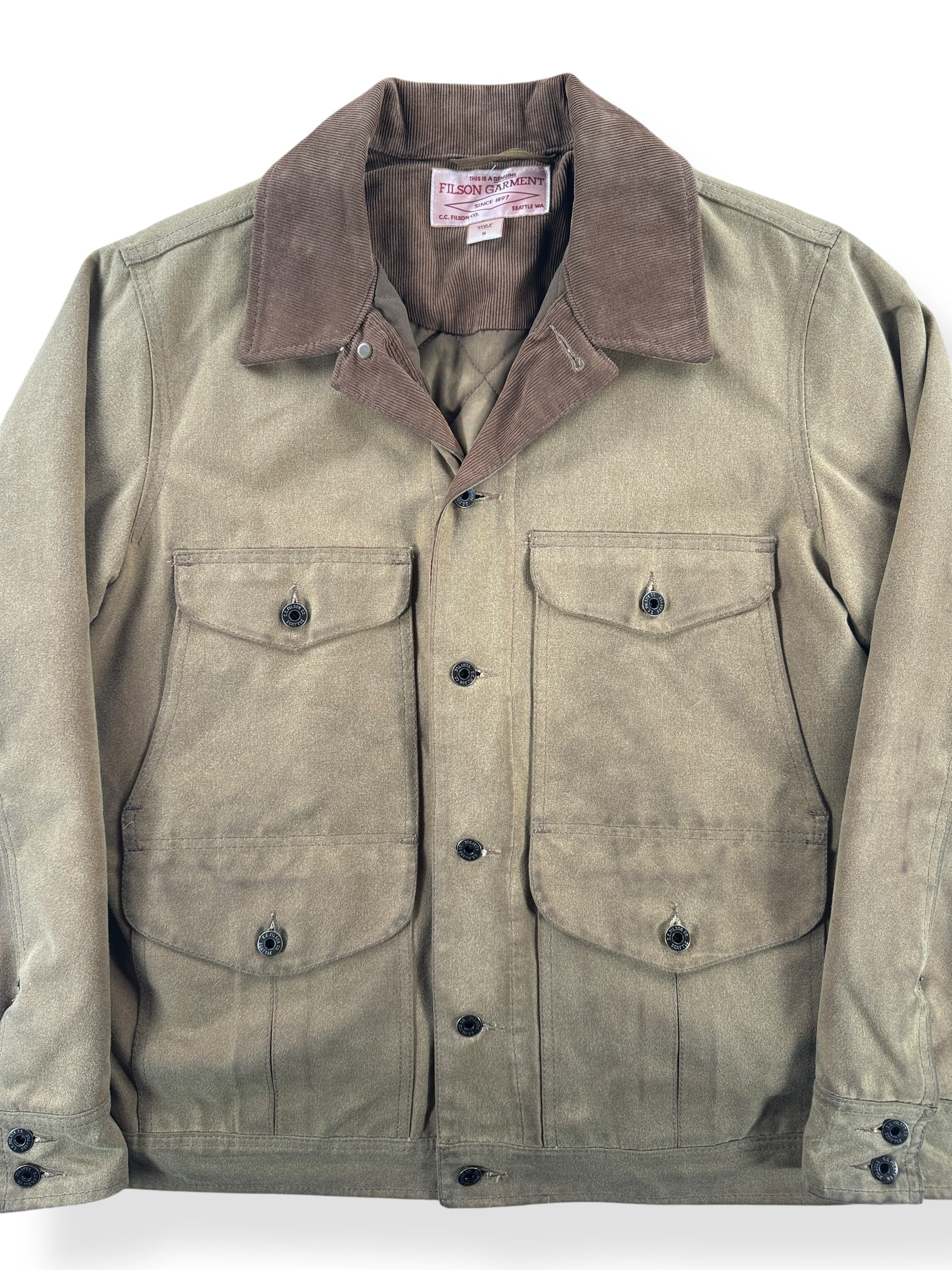 Inside of Modern Filson Dark Tan Insulated Journeyman Coat SZ M