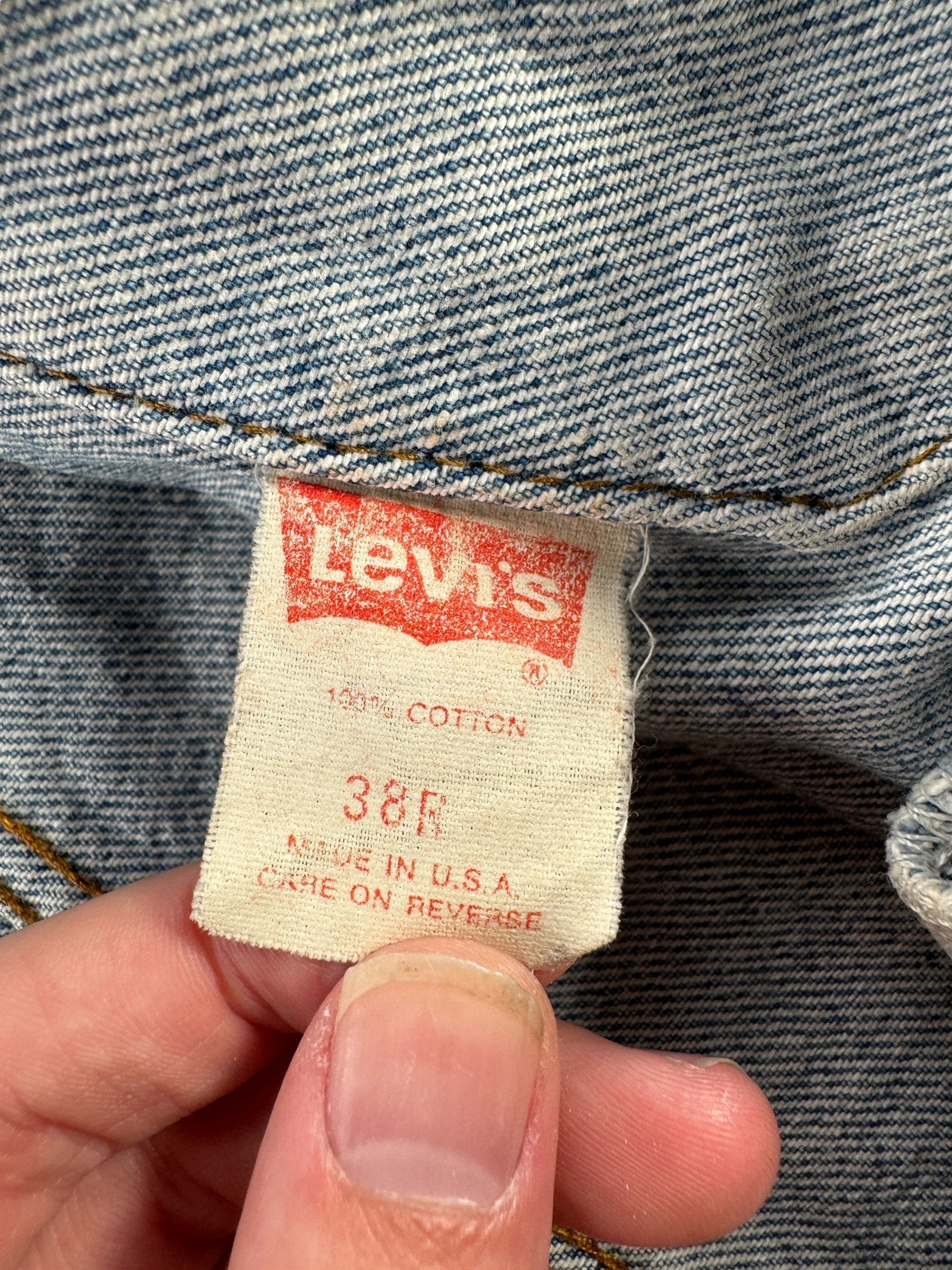 Tag on Vintage 70's Levi's Dark Wash Type 3 Jacket SZ S