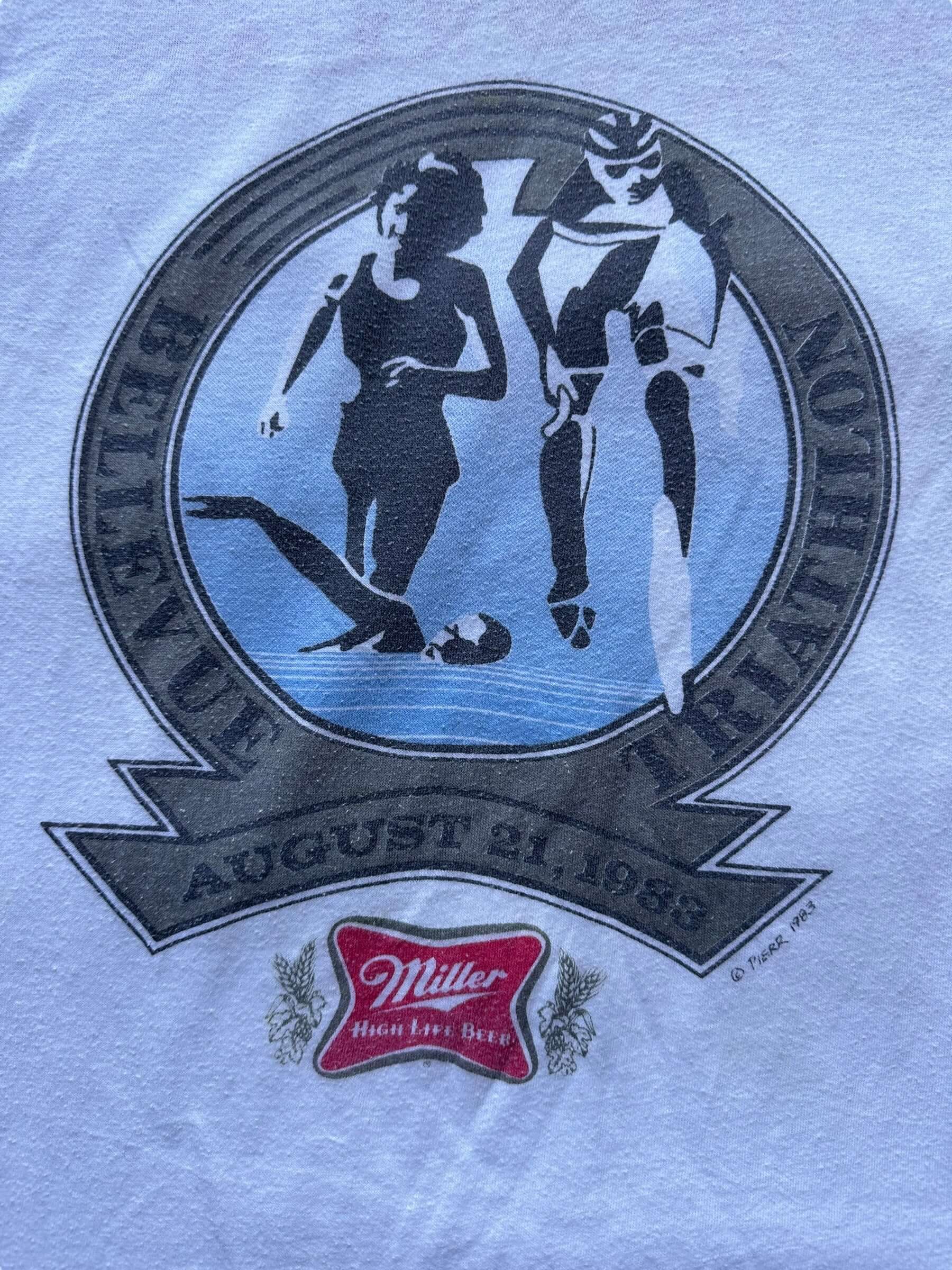 front close up of Vintage 1983 Miller High Life Triathlon Tee SZ M