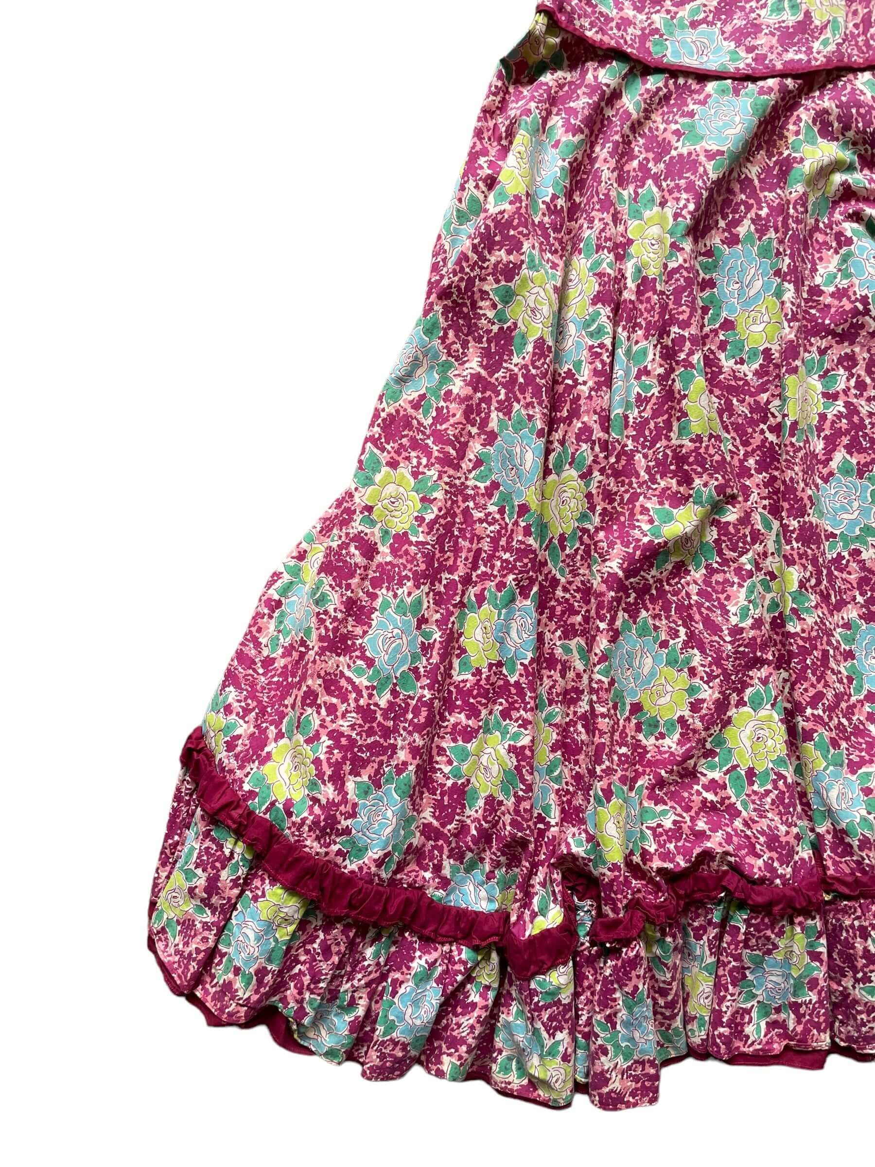 Front right side skirt view of 1950s Purple Floral Square Dancing Dress S