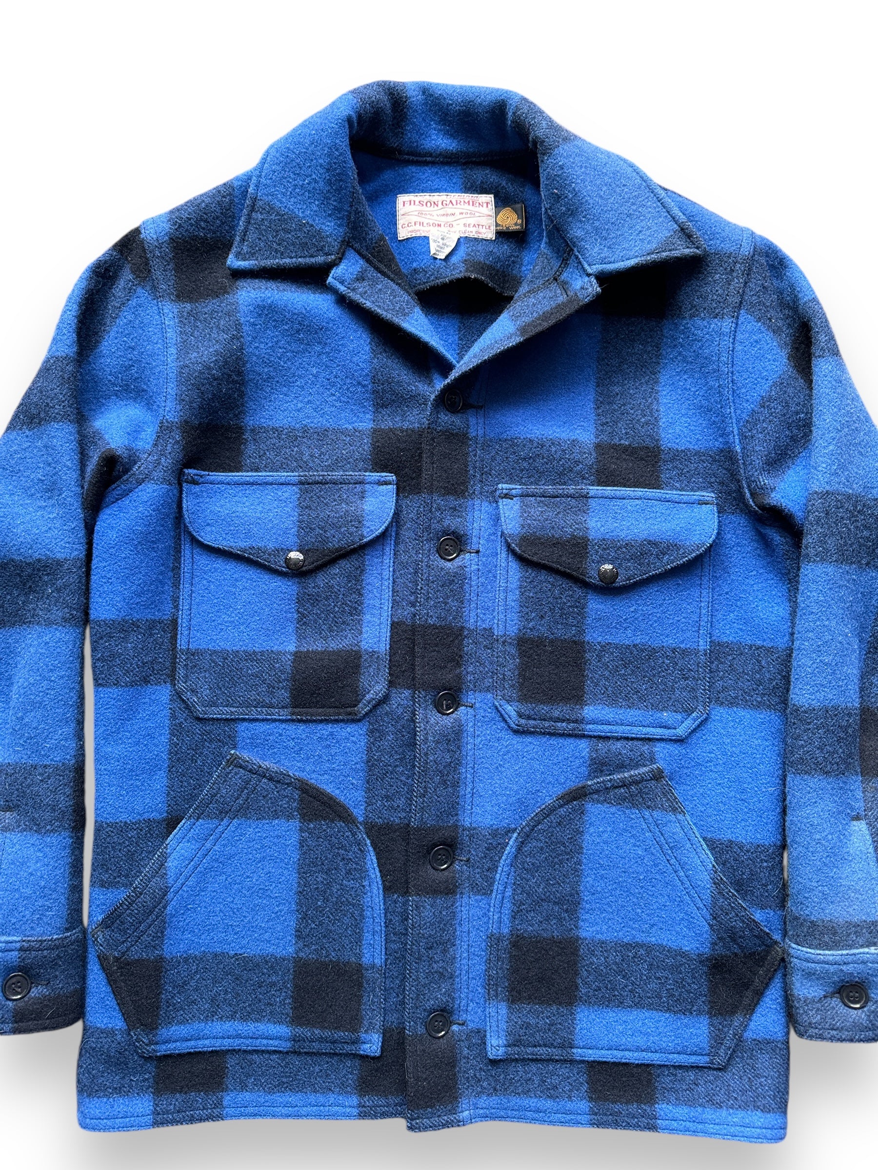 front close up of Vintage Filson Hunter Cobalt Blue & Black SZ 40