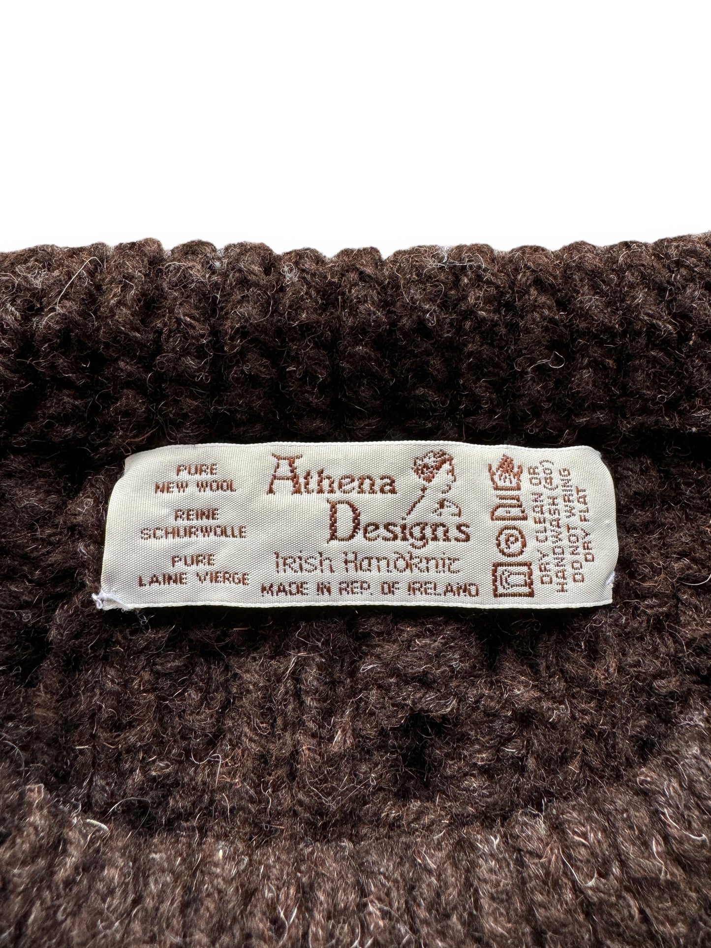 tag on Vintage Athena Designs Dark Brown Irish Wool Sweater SZ XL