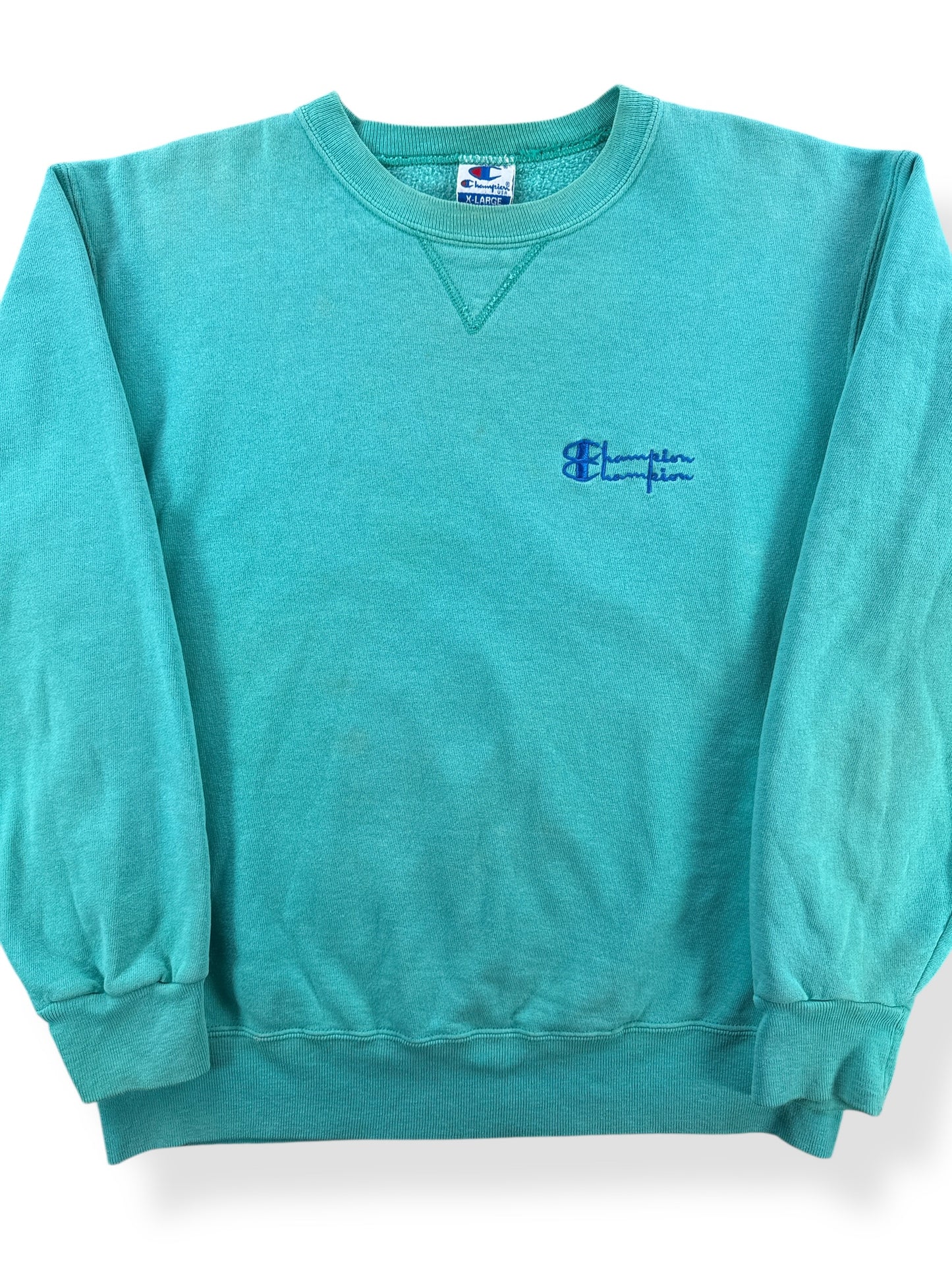 Front Close Up of Vintage Champion Reverse Weave Teal Crewneck SZ XL (Fits L)
