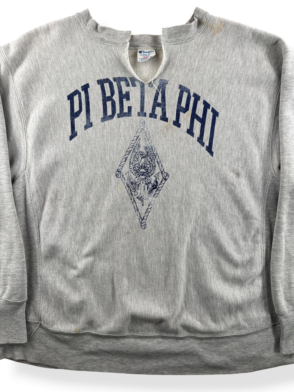 Close-up of Vintage Pi Beta Phi Cut Champion Reverse Weave Crewneck SZ L