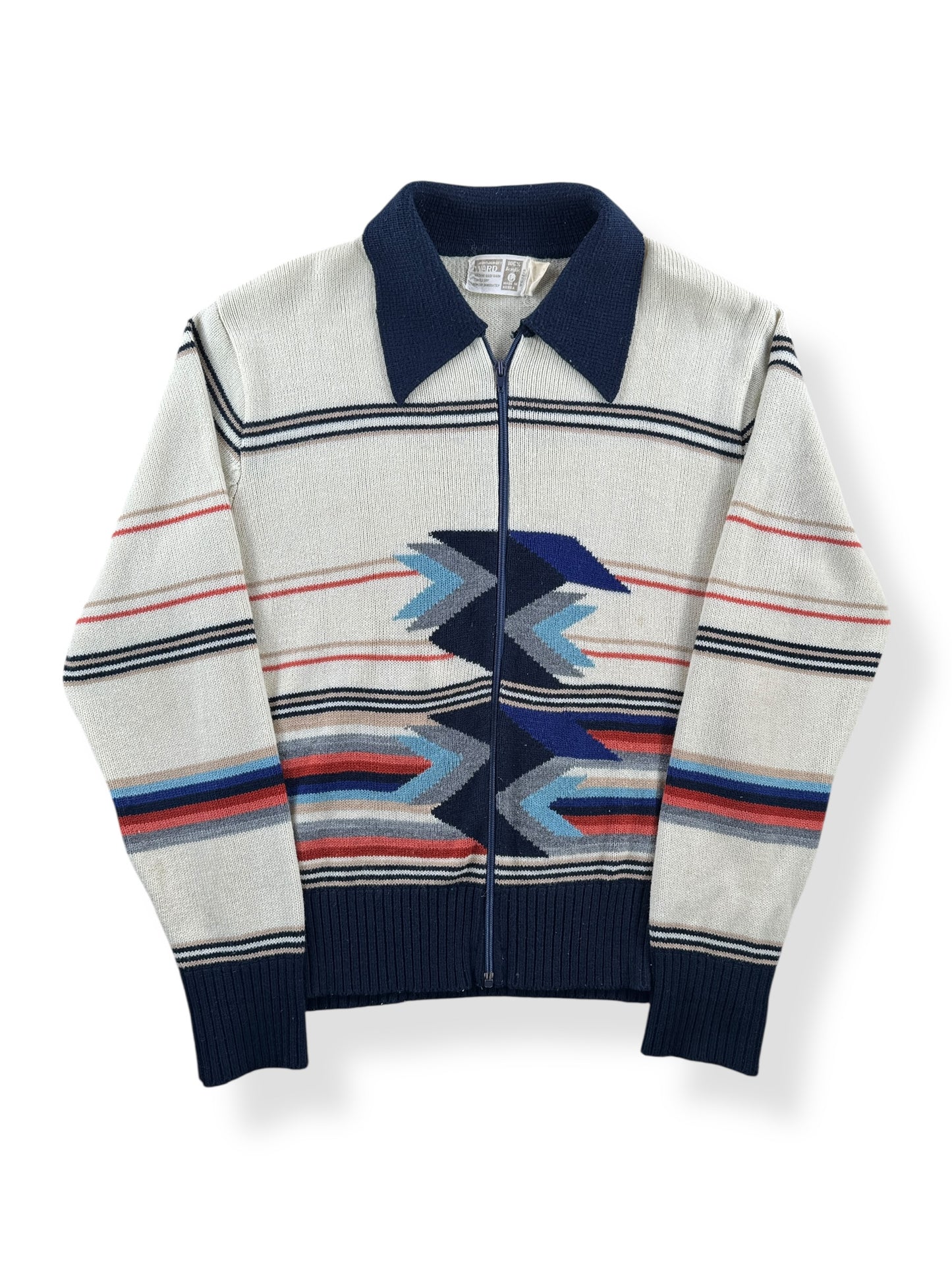 Front of Vintage 70s MW Aztec Acrylic Zip Up Sweater SZ L (Fits S)