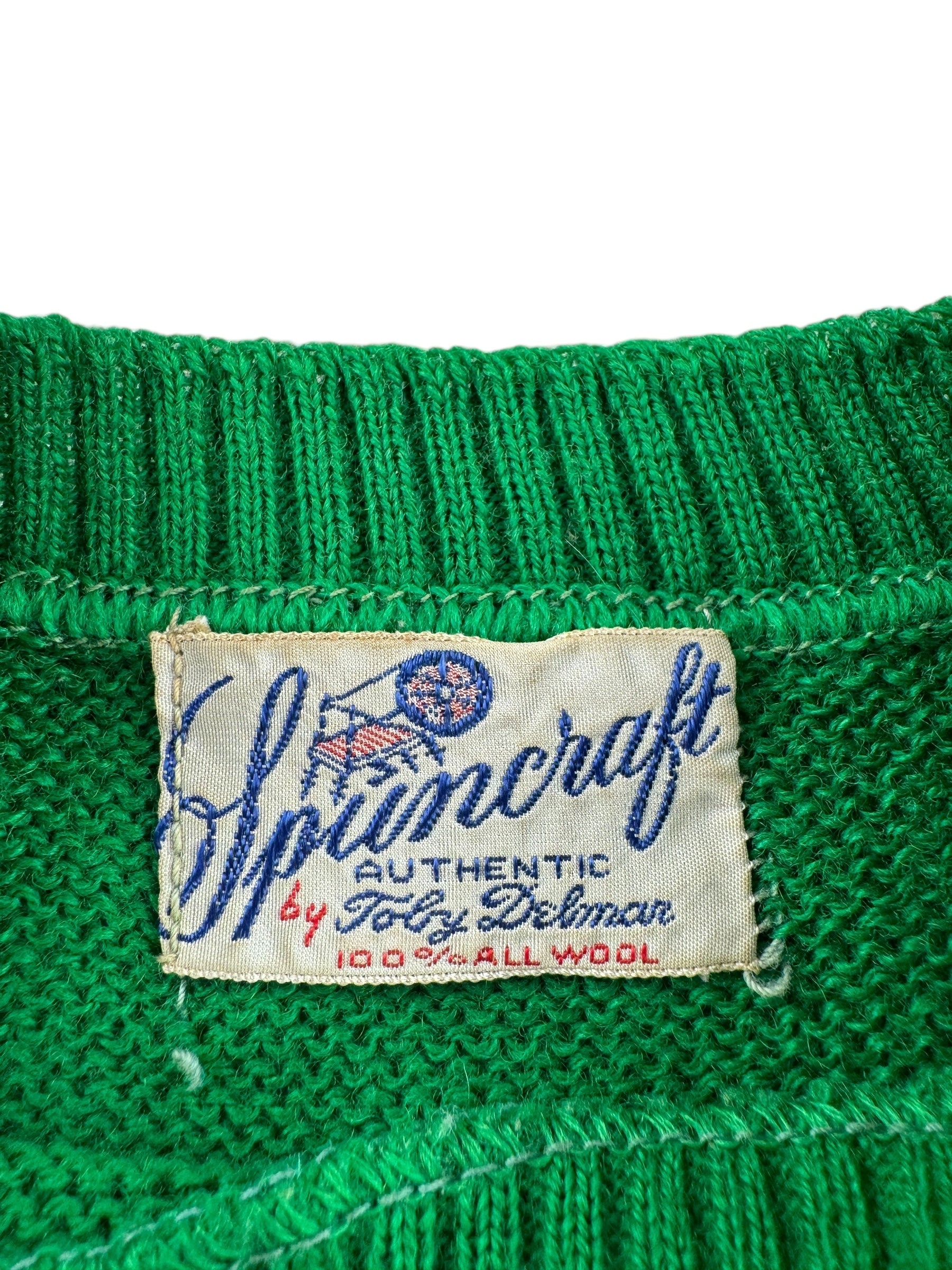 Tag on Vintage Spuncraft Green Wool Reindeer Ski Sweater SZ XXS