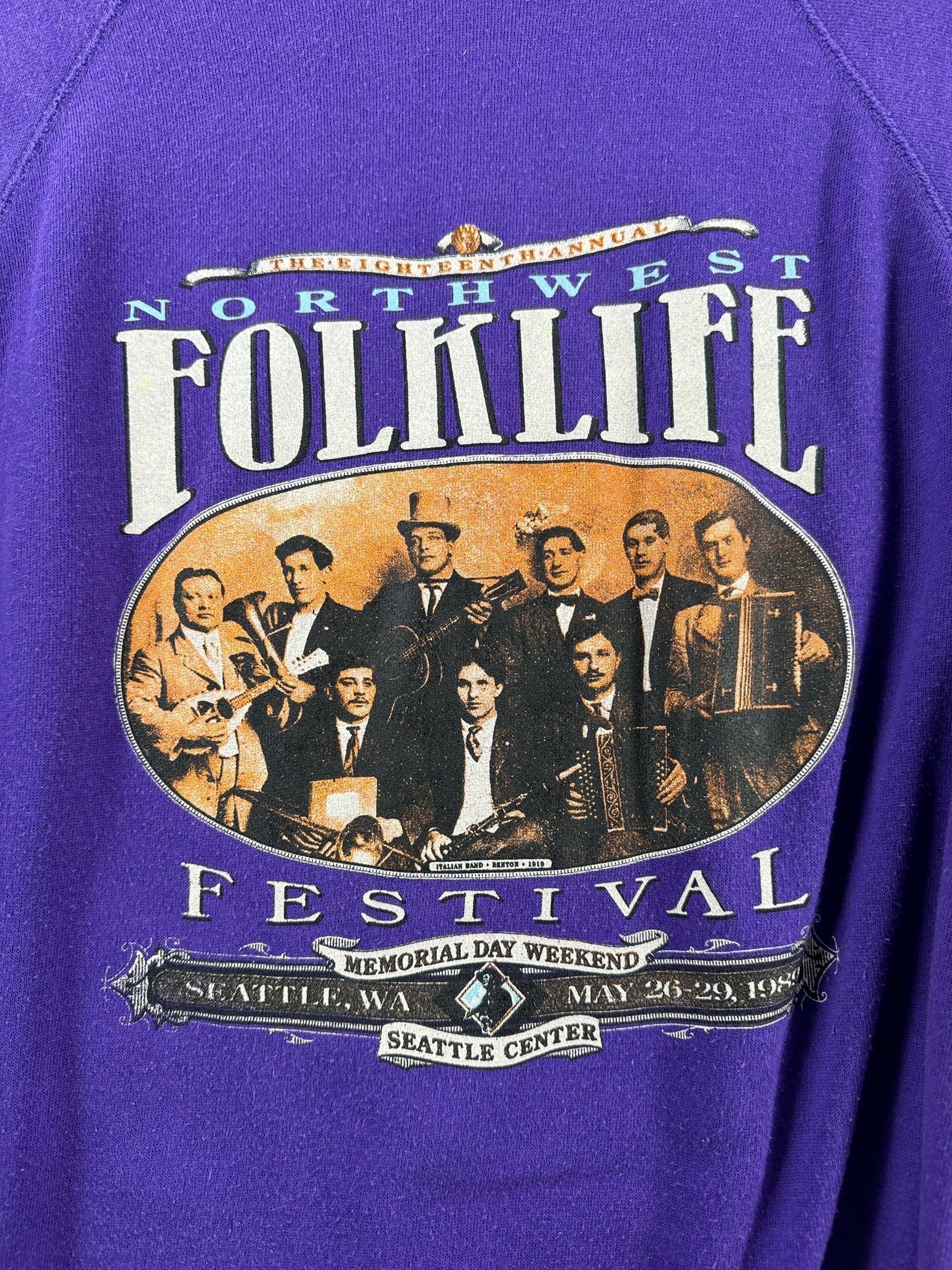 Front Graphic of Vintage 1989 Folklife Purple Crewneck SZ M