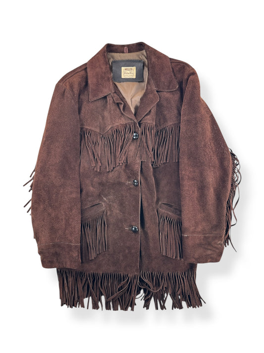 Front of Vintage Miller Western Wear Dark Brown Suede Fringe Jacket SZ L