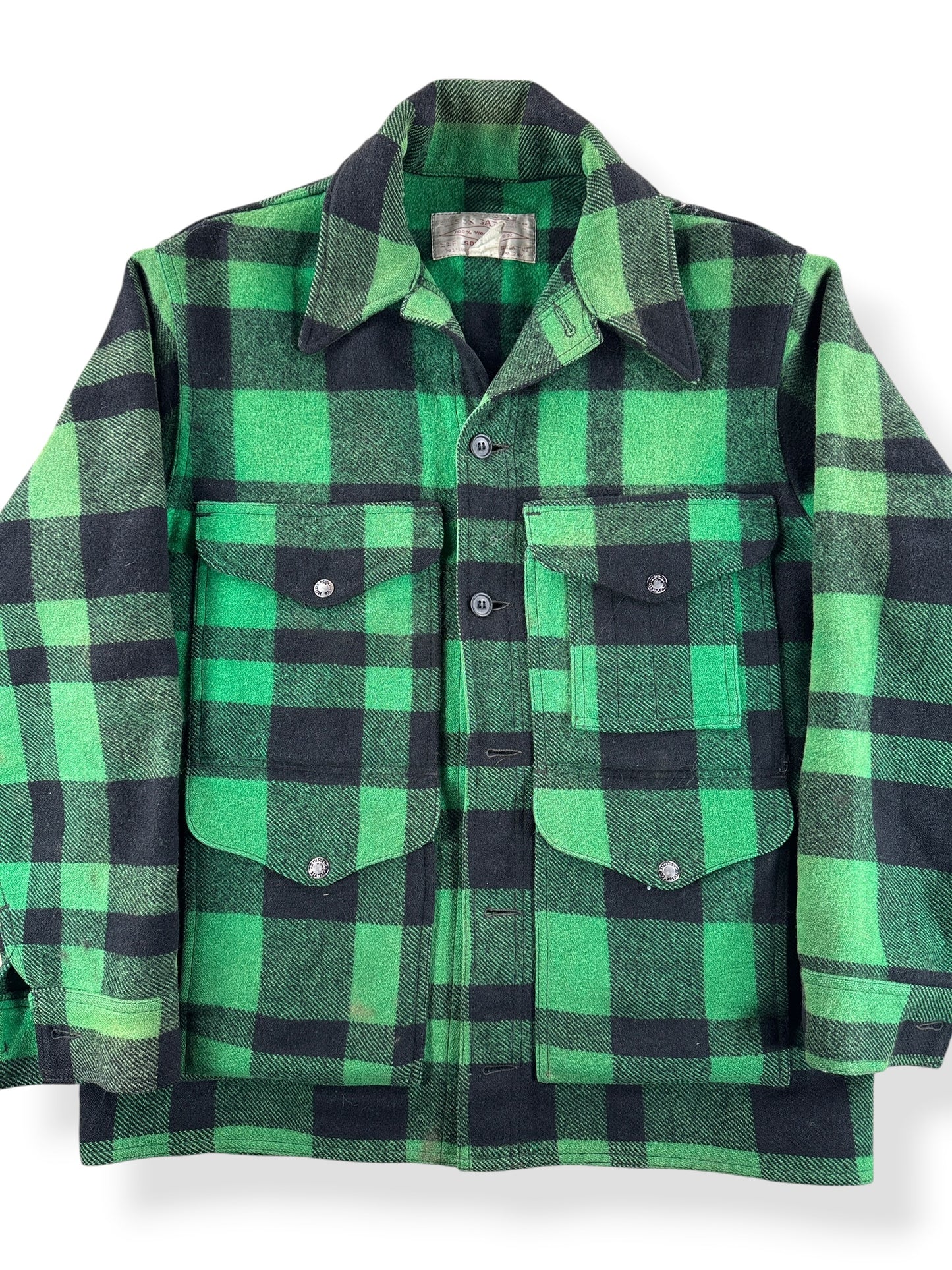 Front Close Up of Vintage Filson Green & Black Mackinaw Cruiser SZ 42