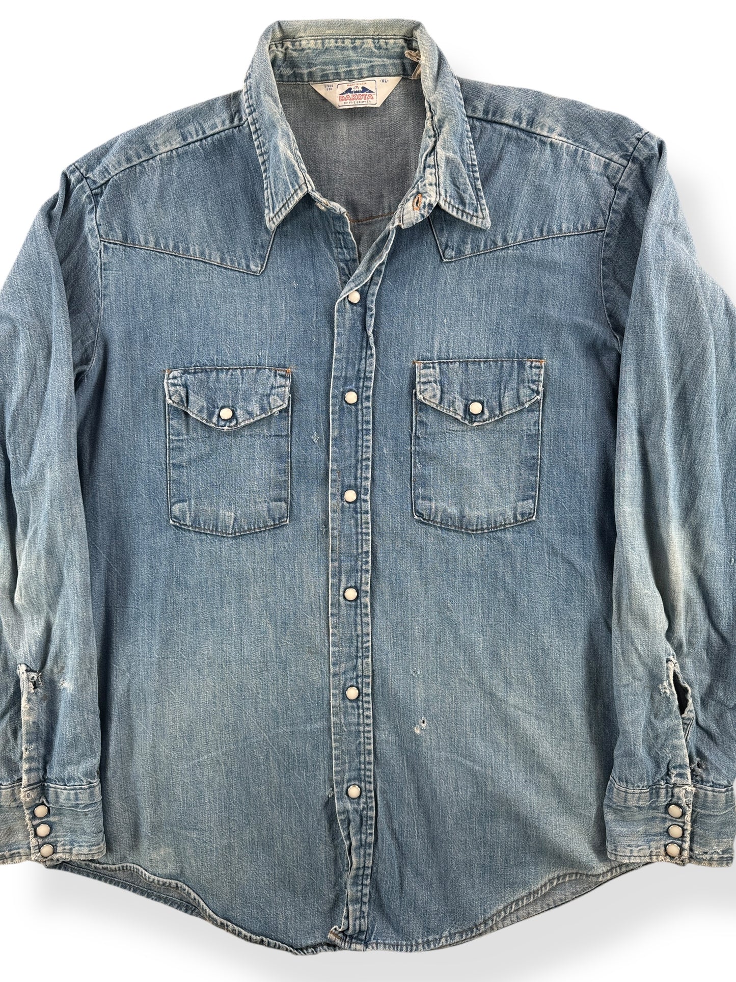 Front Close Up of Vintage Distressed Dakota Denim Pearl Snap Top SZ XL