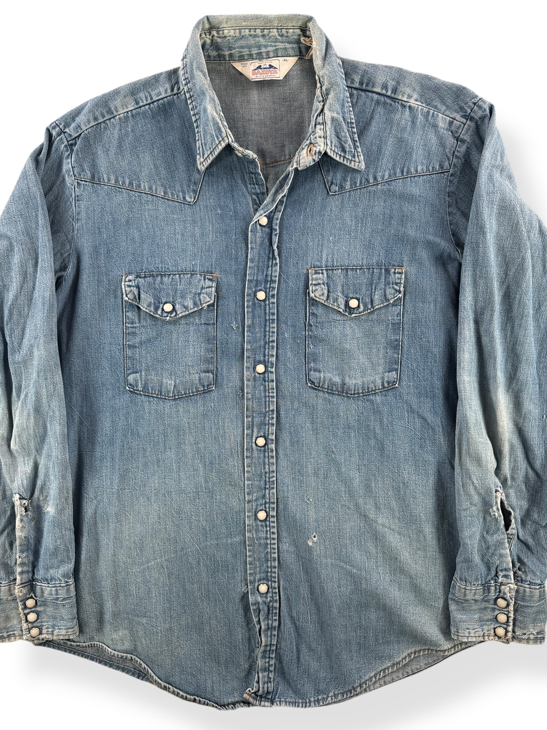 Front Close Up of Vintage Distressed Dakota Denim Pearl Snap Top SZ XL