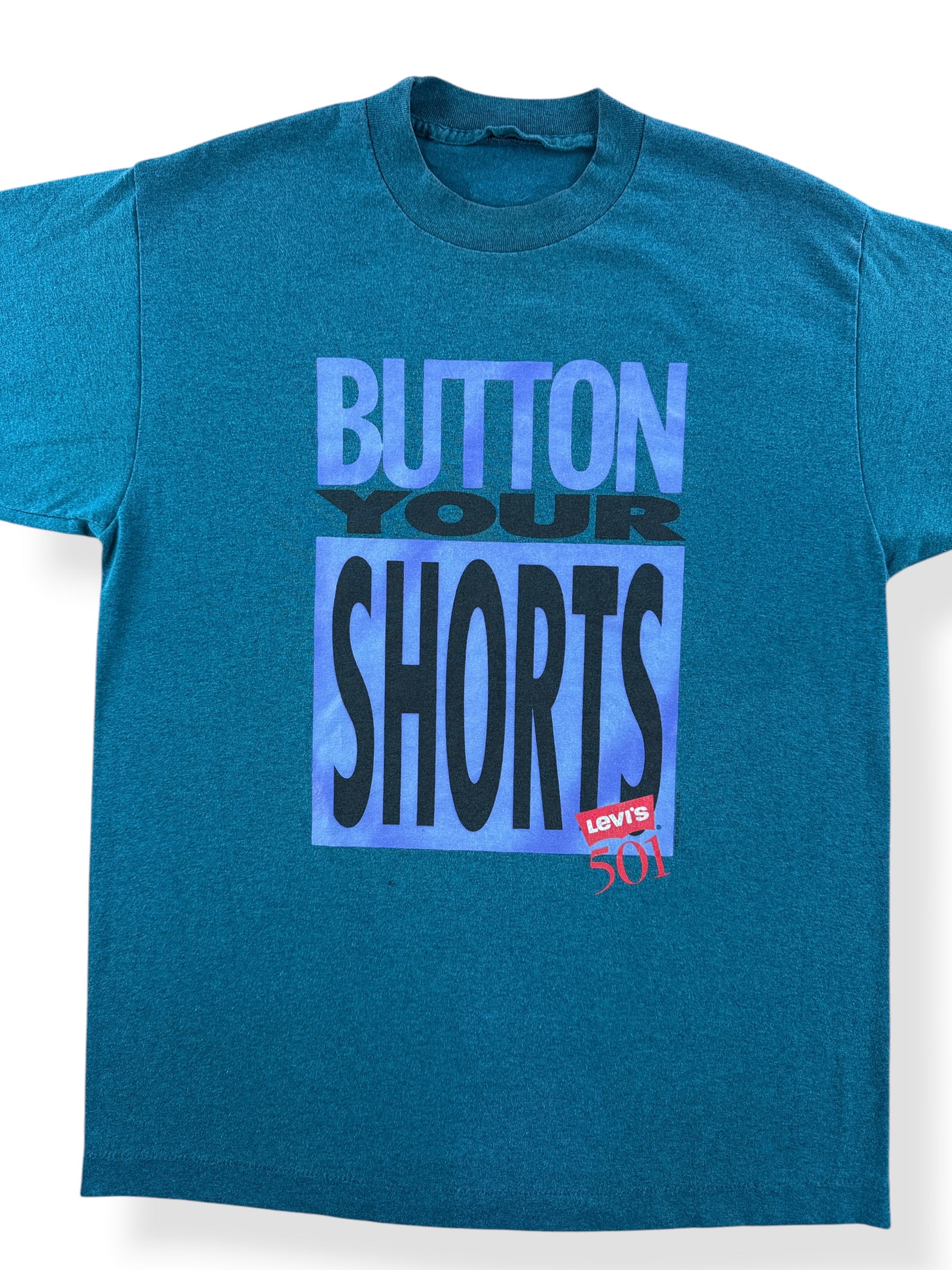 Front Close Up of Vintage Levi's 501 Button Your Shorts Tee SZ L