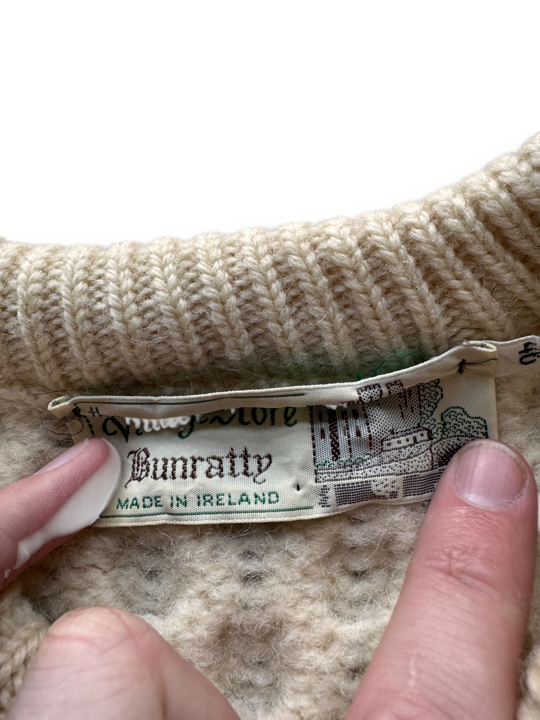 tag on Vintage Bunratty Village Store Irish Wool Sweater SZ 40