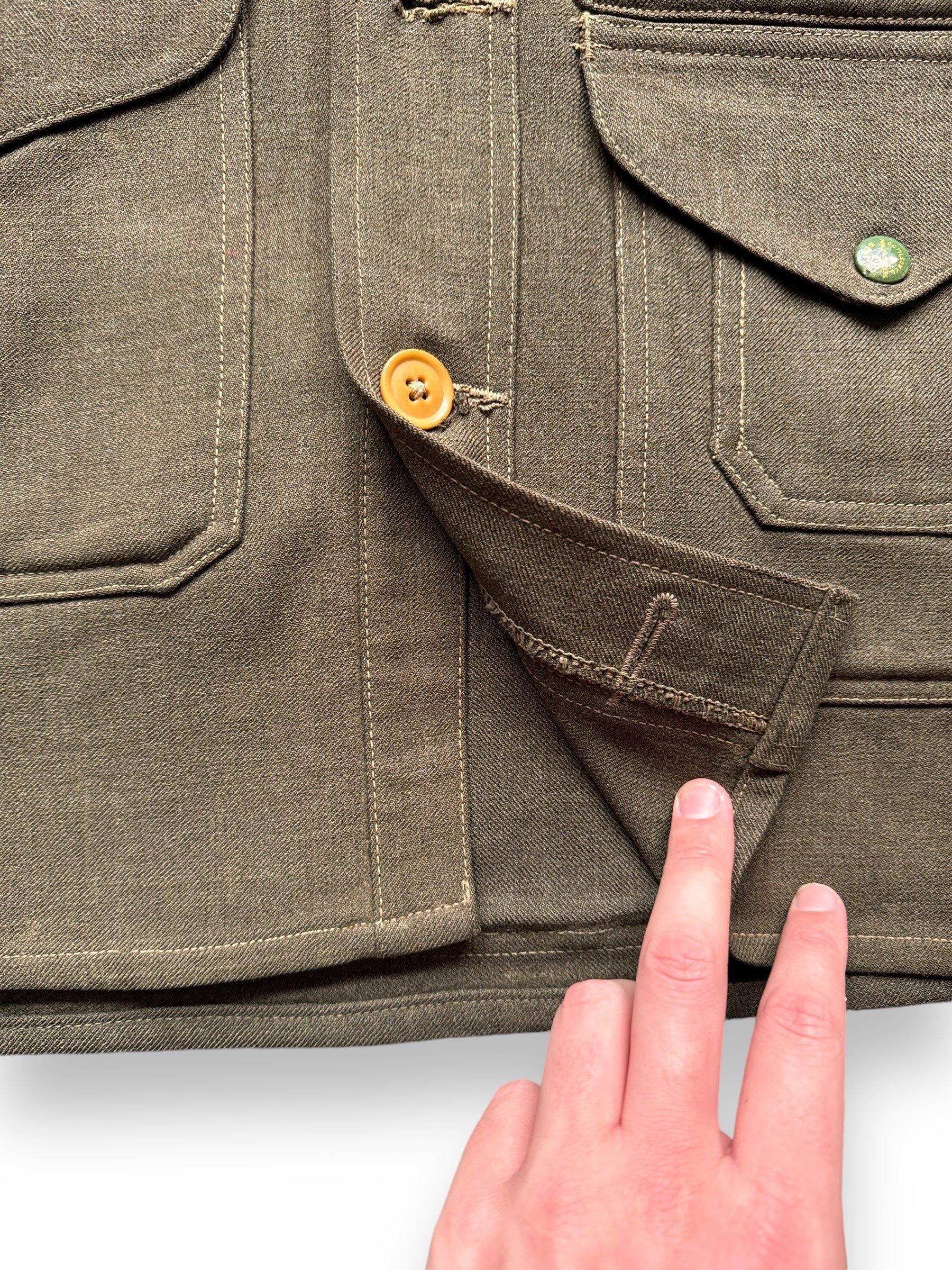 missing button on Vintage 1920s-30s Era FilClo Filson Forestry Cloth Cruiser SZ S