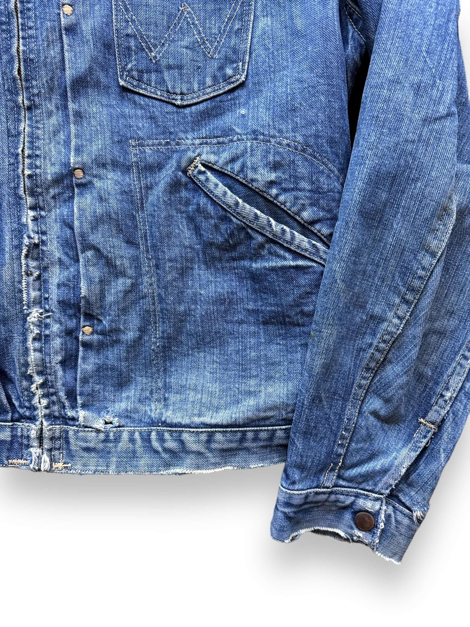 Lower Left Front View on Vintage Wrangler Blue Bell MJZ Denim Jacket SZ 46