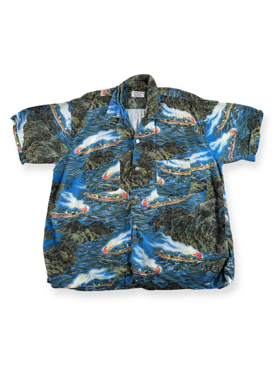Front of Vintage Penney's Sailing Themed Aloha Shirt SZ XL