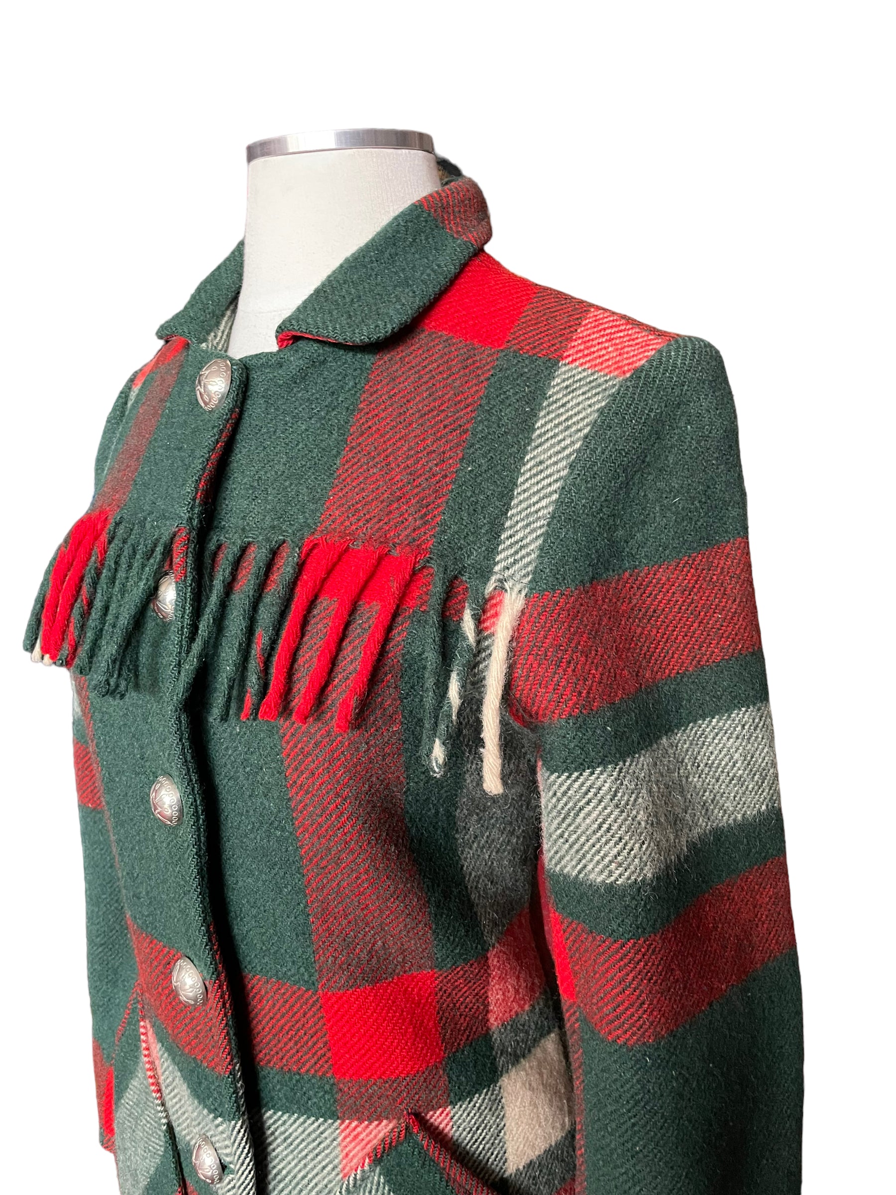 Front left shoulder view of Vintage 1940s Dall Smith Wool Blanket Coat SZ XS | Seattle True Vintage | Barn Owl Vintage Coats