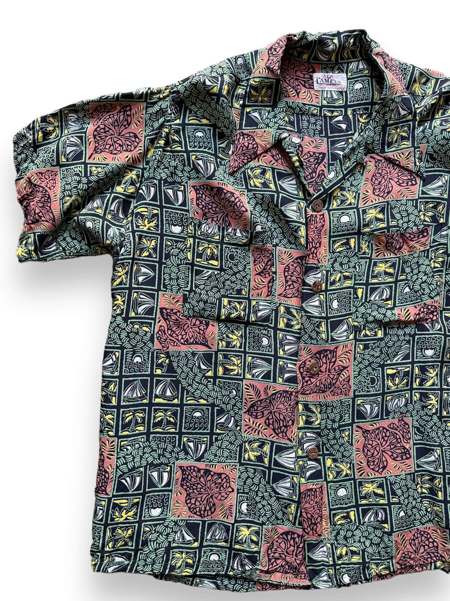 front right of Vintage Campus Rayon Aloha Shirt SZ L