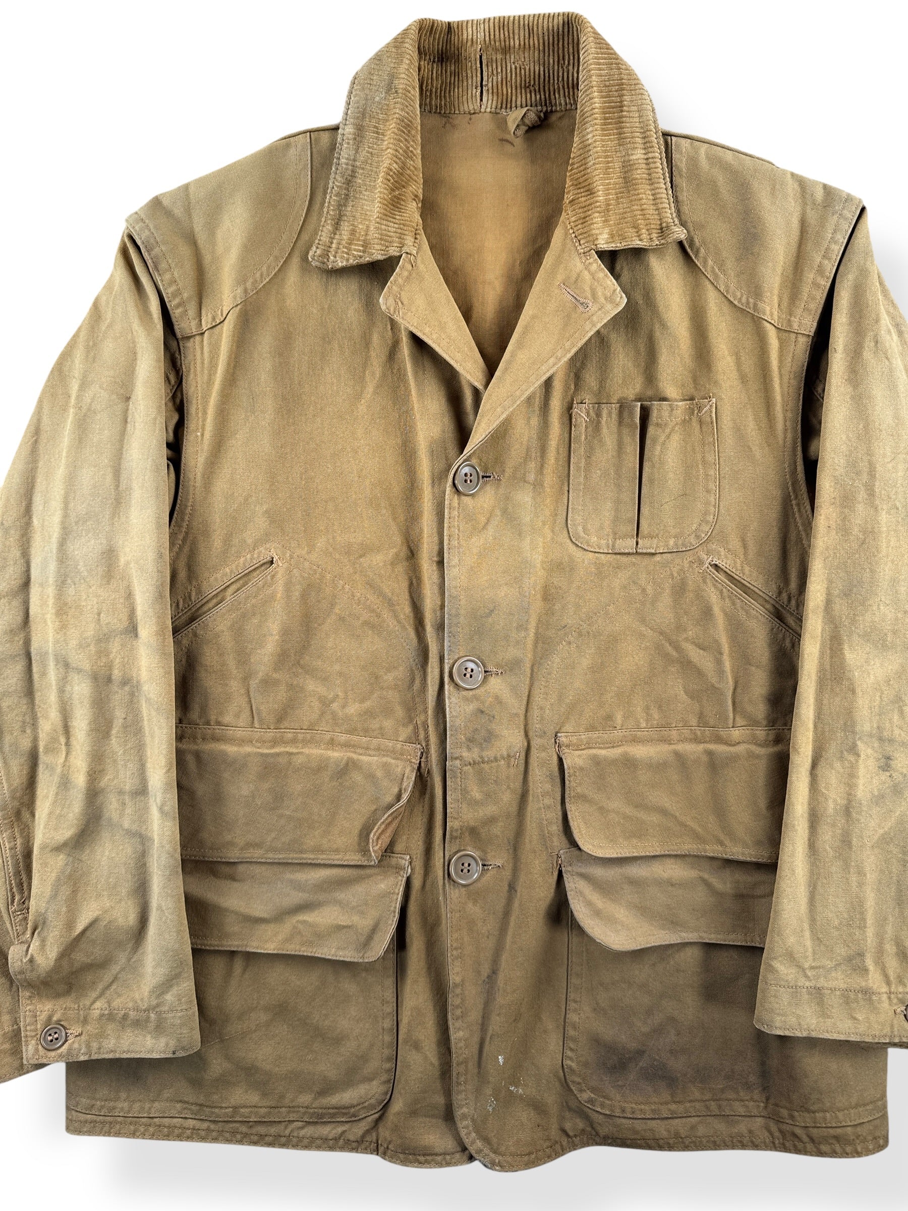 Front Close Up of Vintage 1940s Blue Bill Hunting Coat SZ S