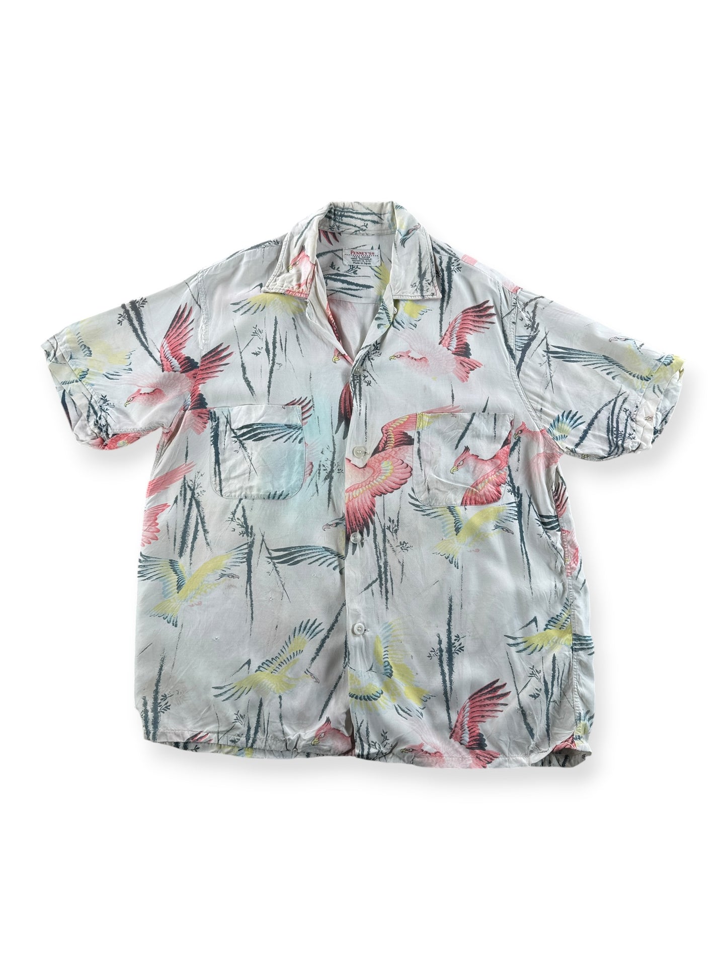 Front of Vintage Penney's Pink Flamingoes Rayon Aloha Shirt SZ M - AS IS