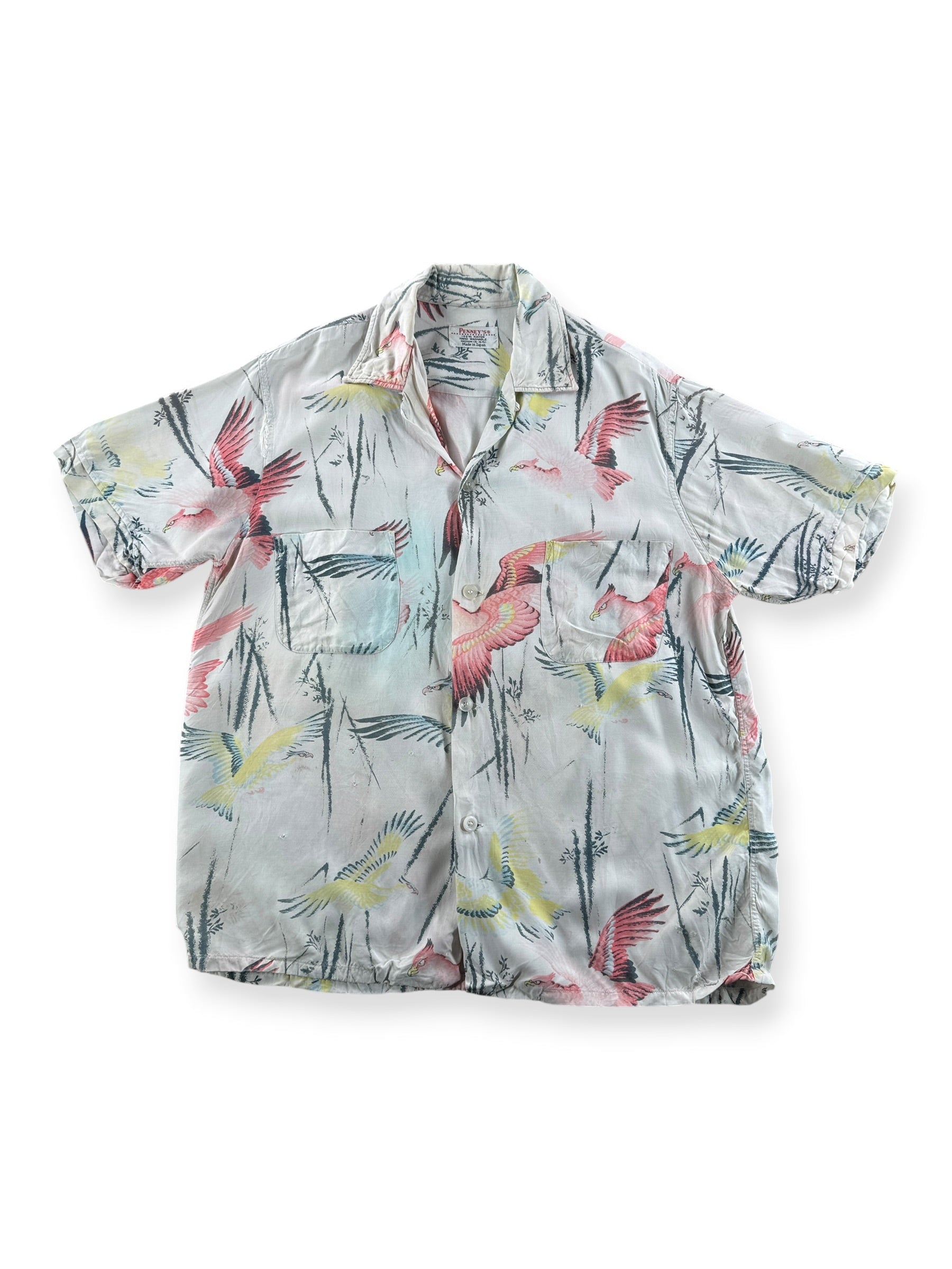 Front of Vintage Penney's Pink Flamingoes Rayon Aloha Shirt SZ M - AS IS