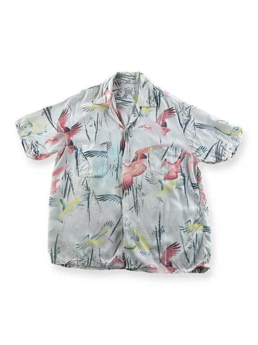 Front of Vintage Penney's Pink Flamingoes Rayon Aloha Shirt SZ M - AS IS
