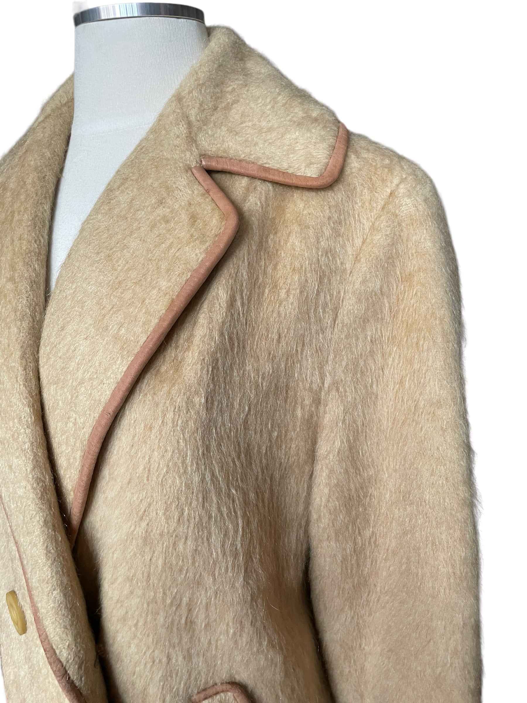 Front left side shoulder view of Vintage 1940s J.H.S Camel Wool Mohair Coat | Seattle True Vintage | Barn Owl Vintage Coats