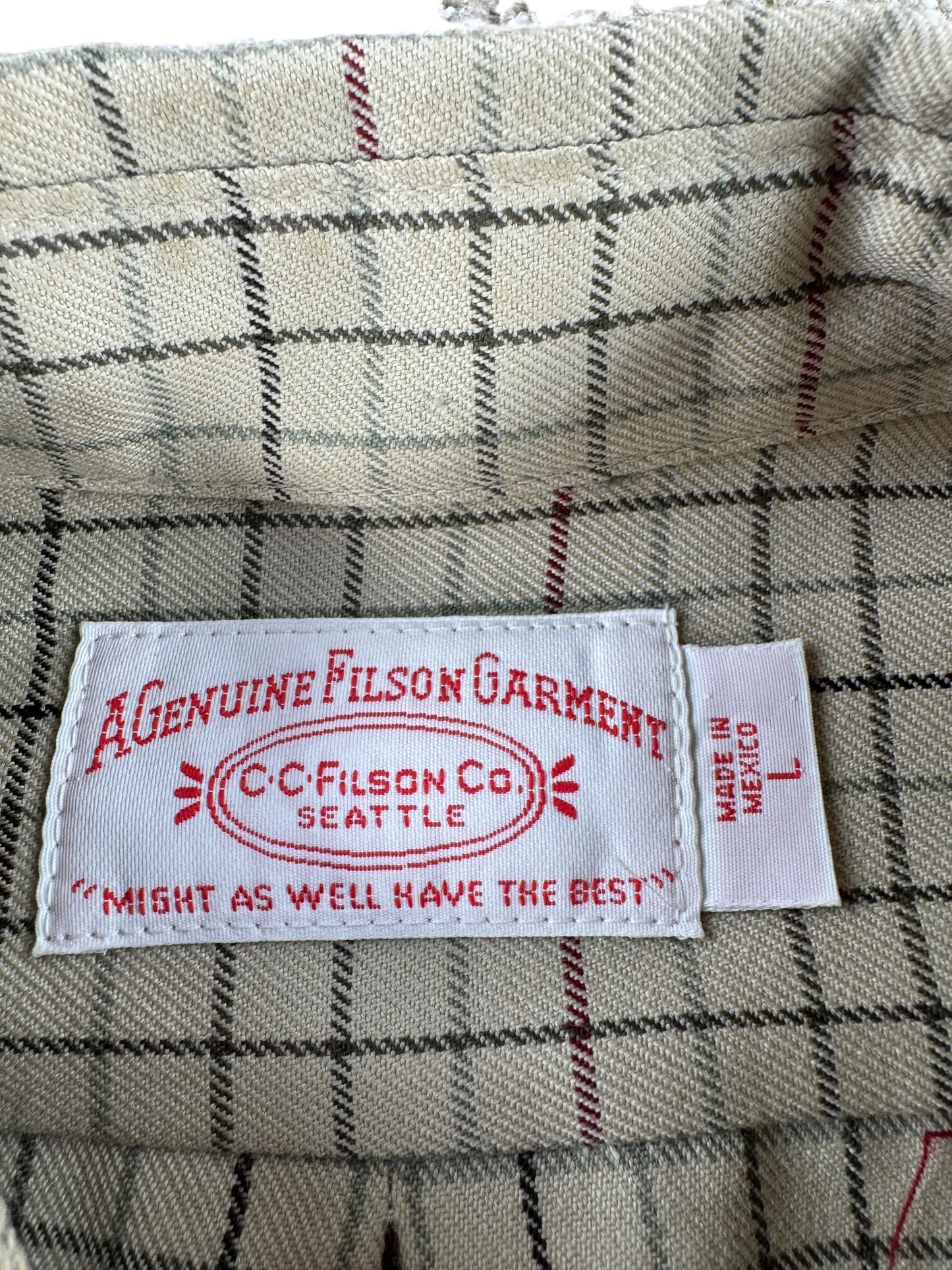 Label on Filson Plaid Wool Shirt SZ L