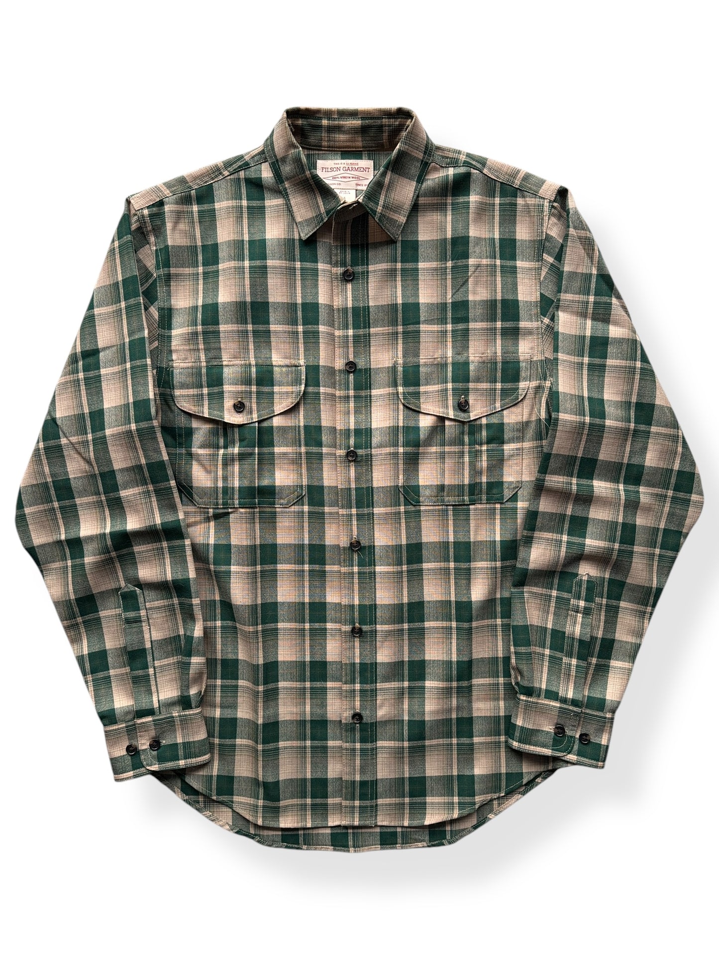 Front of Filson Merino Wool Green Tan Plaid Guide Shirt SZ S