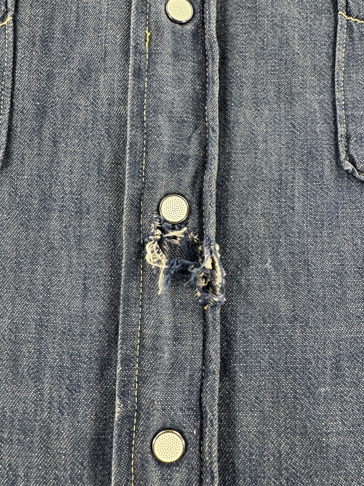 Repair on Vintage 1950s Penny's Foremost Denim Western Shirt SZ XL